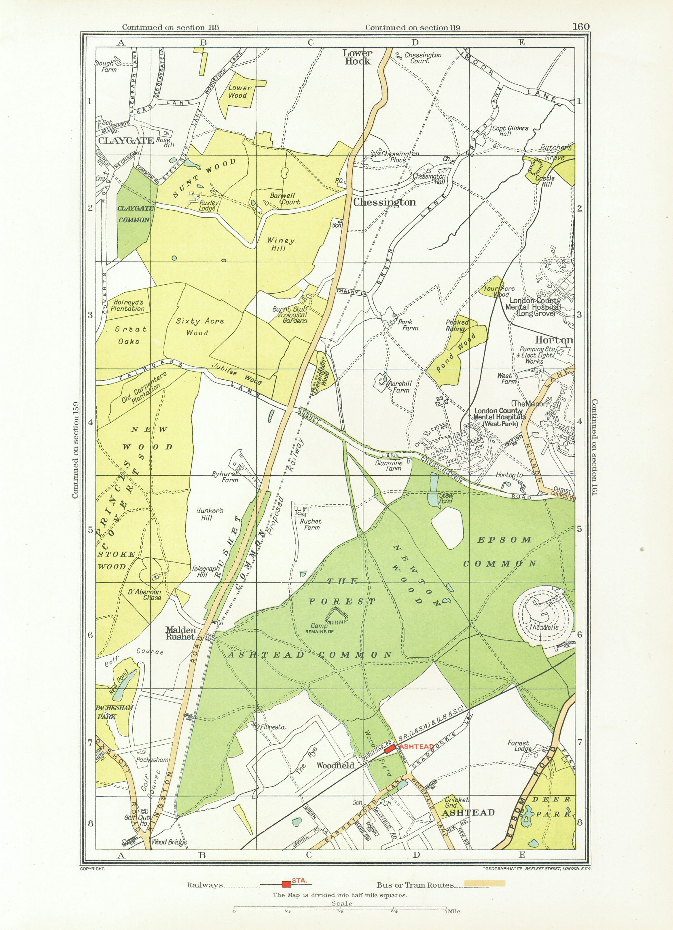 Associate Product ASHTEAD. Ewell Chessington Claygate Horton Epsom Common Hook 1933 old map