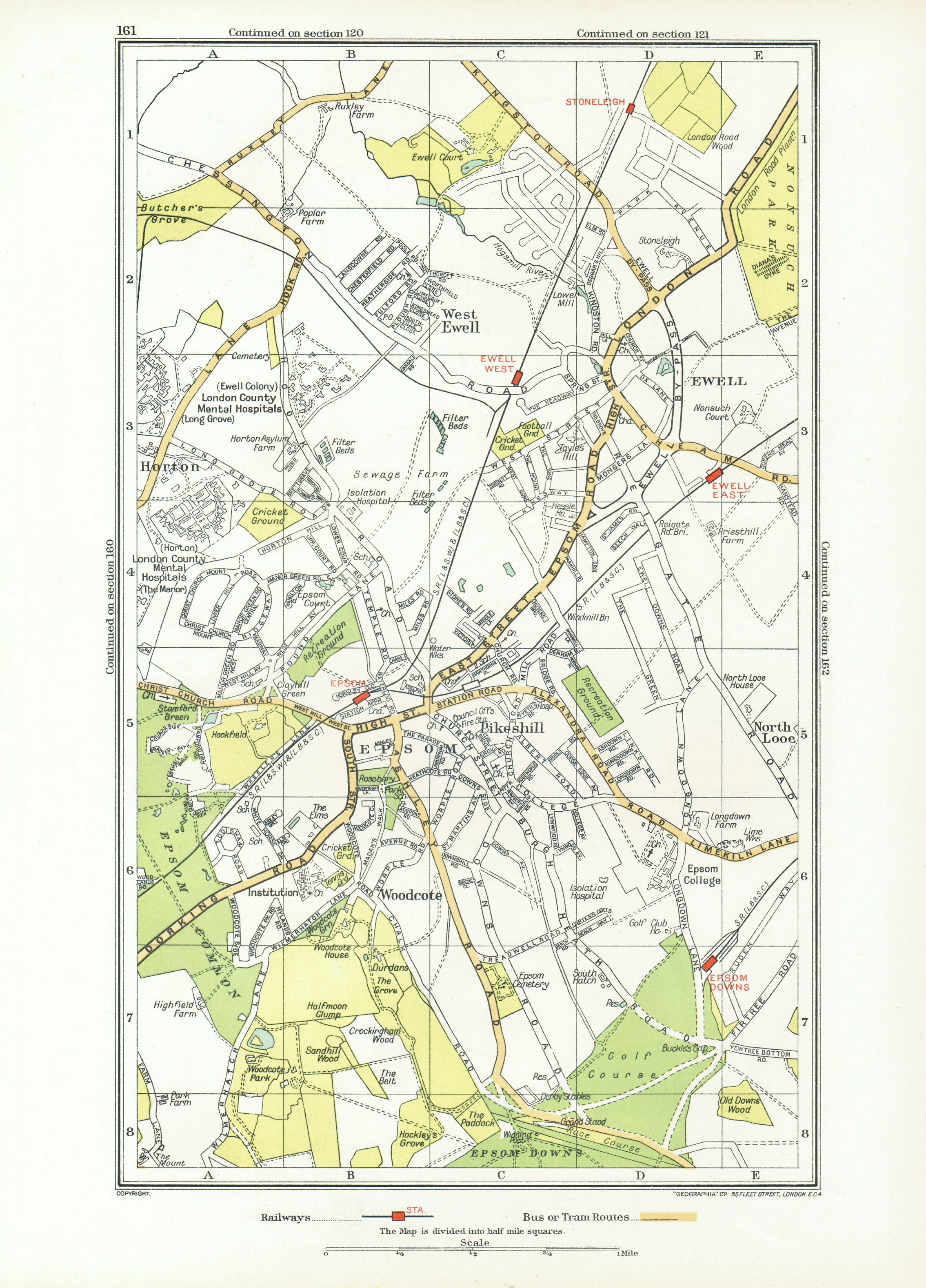 EPSOM EWELL. Stoneleigh North Looe Horton Pikeshill Woodcote (Surrey) 1933 map
