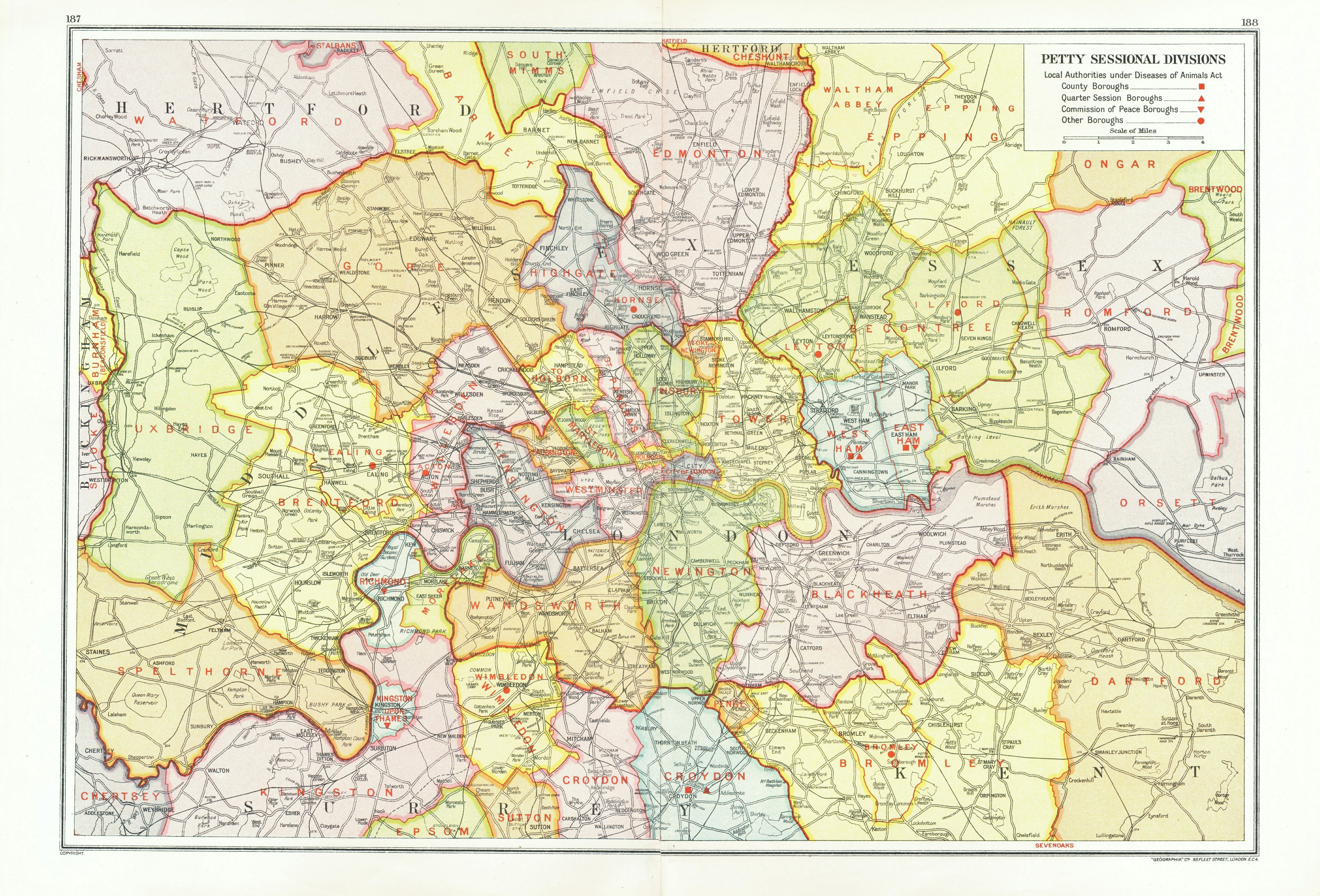 LONDON. Petty Sessional Divisions. Quarter Session boroughs 1933 old map