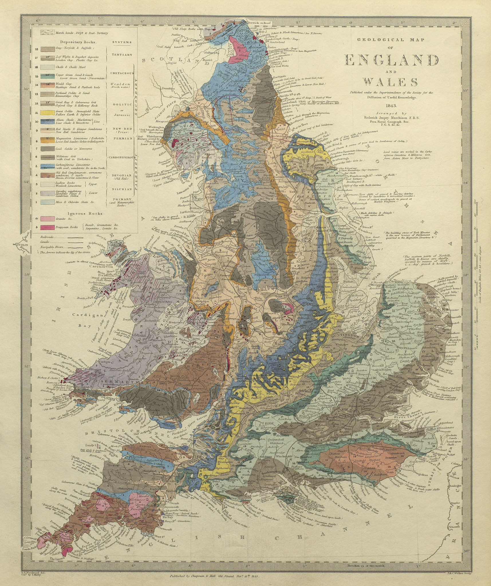ENGLAND & WALES. Geological Map.Original hand colour.Depositary rocks.SDUK 1844