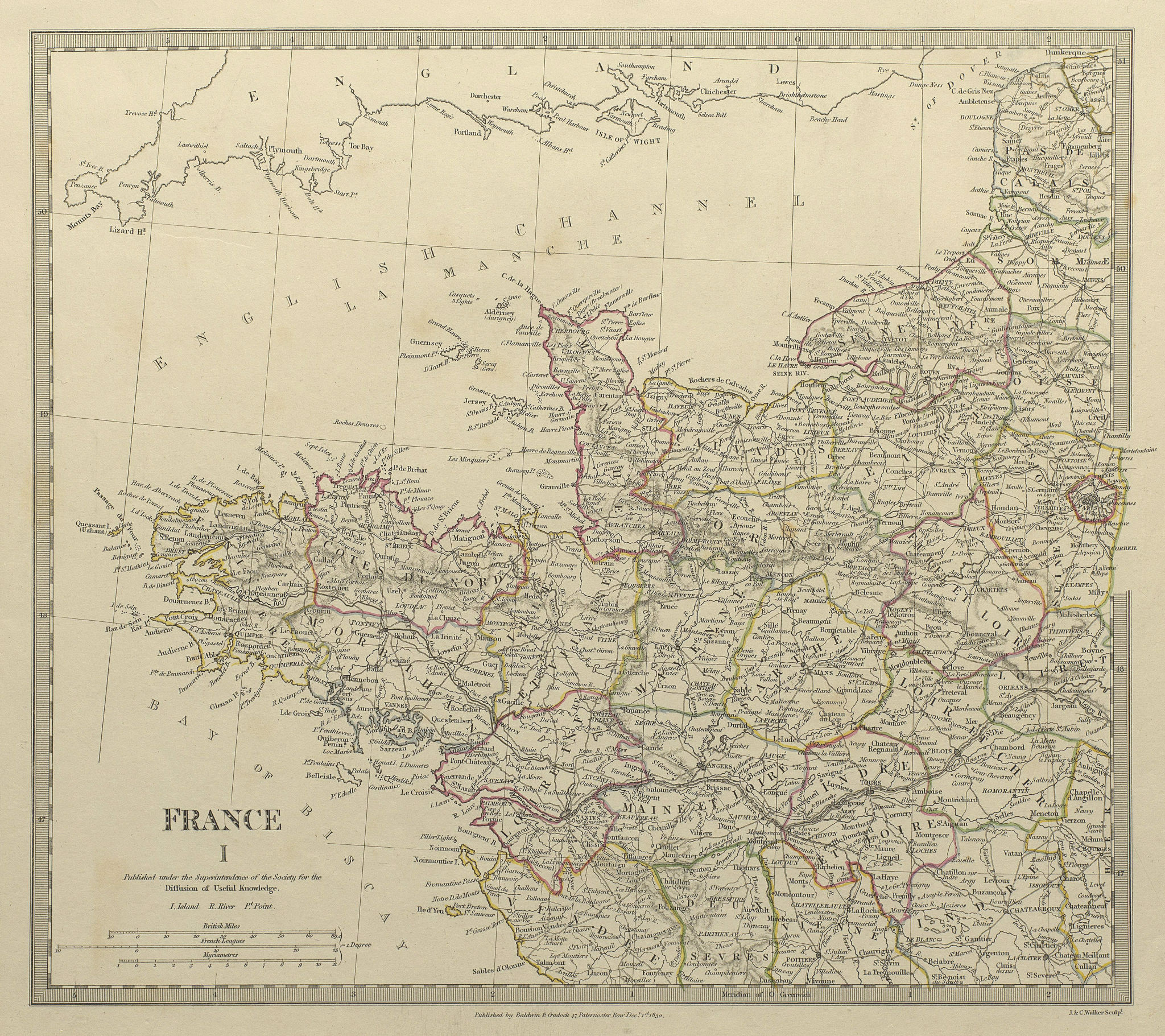 Associate Product FRANCE NORTH WEST. Bretagne Normandie Loire Centre.Hand coloured.SDUK 1844 map