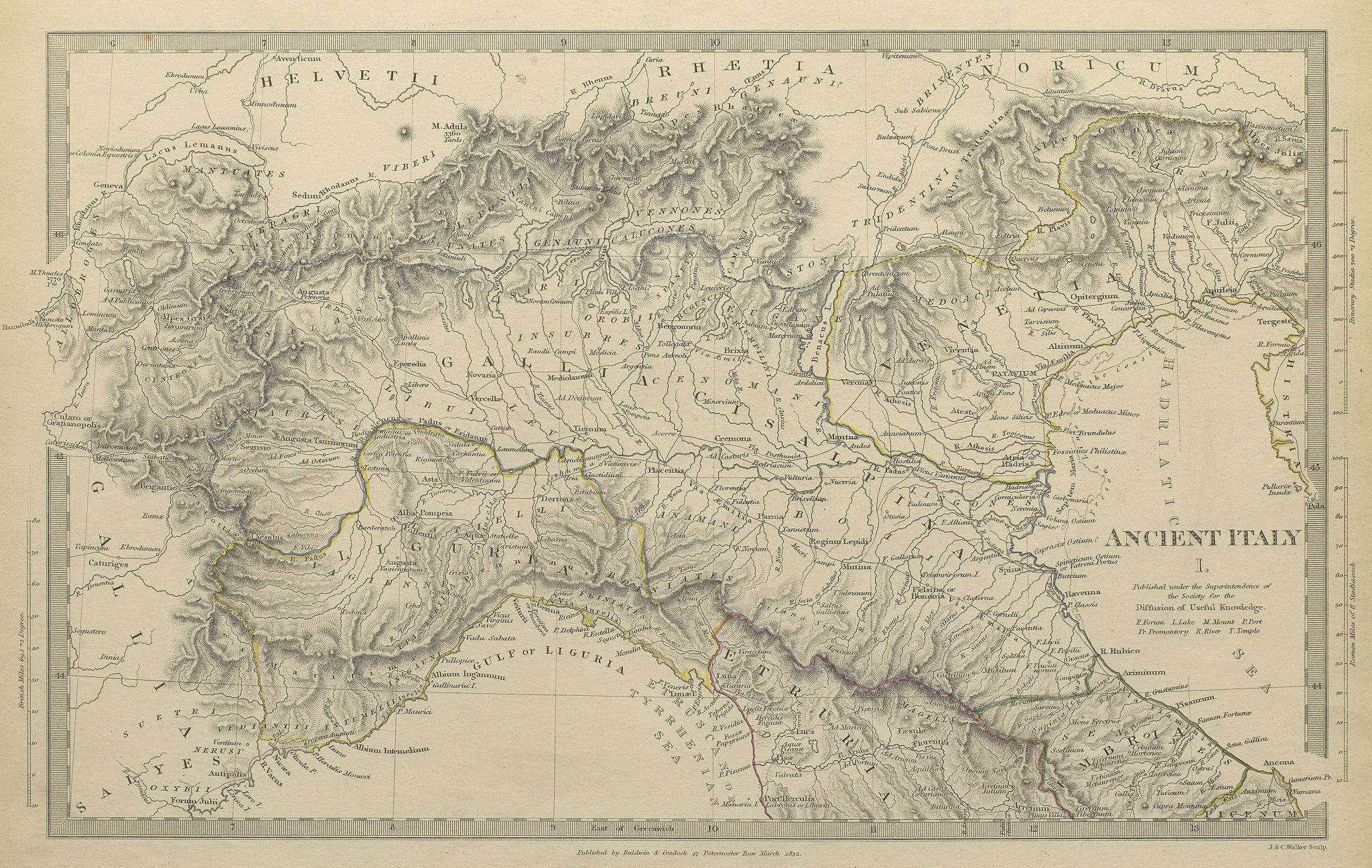 Associate Product ANCIENT ROMAN ITALY NORTH.Liguria Venetia Gallia Cisalpina.Roads.SDUK 1844 map