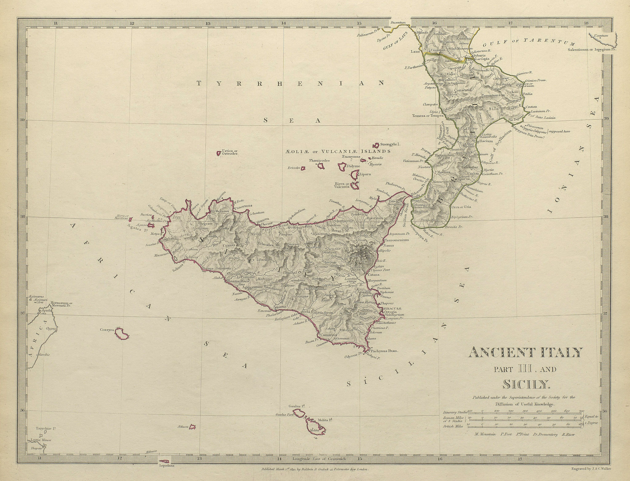 Associate Product ANCIENT ITALY SOUTH.Sicily Brutii Melita (Malta).Original colour.SDUK 1844 map