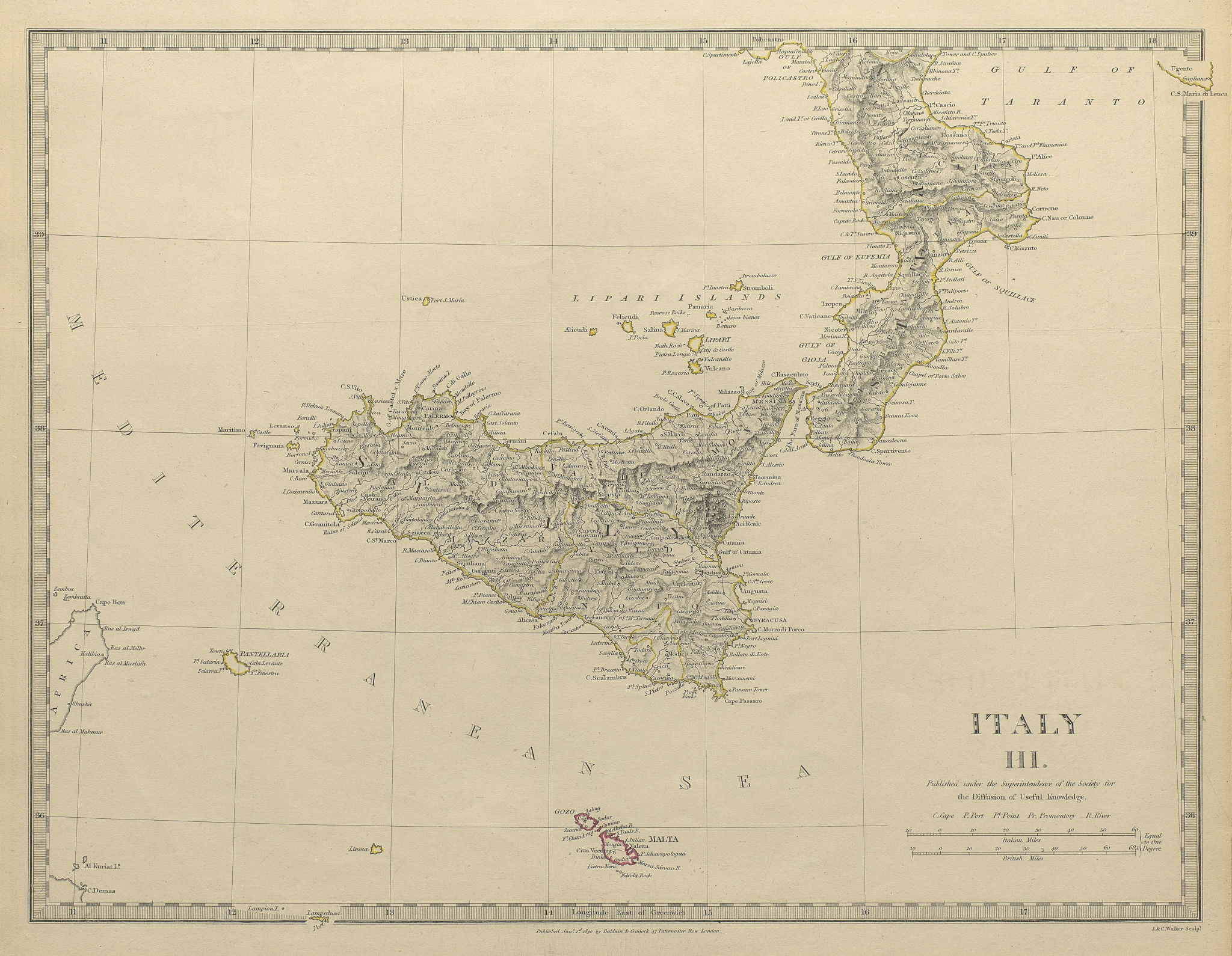 Associate Product SICILY CALABRIA. Sicily Malta Gozo. Original outline colour. SDUK 1844 old map