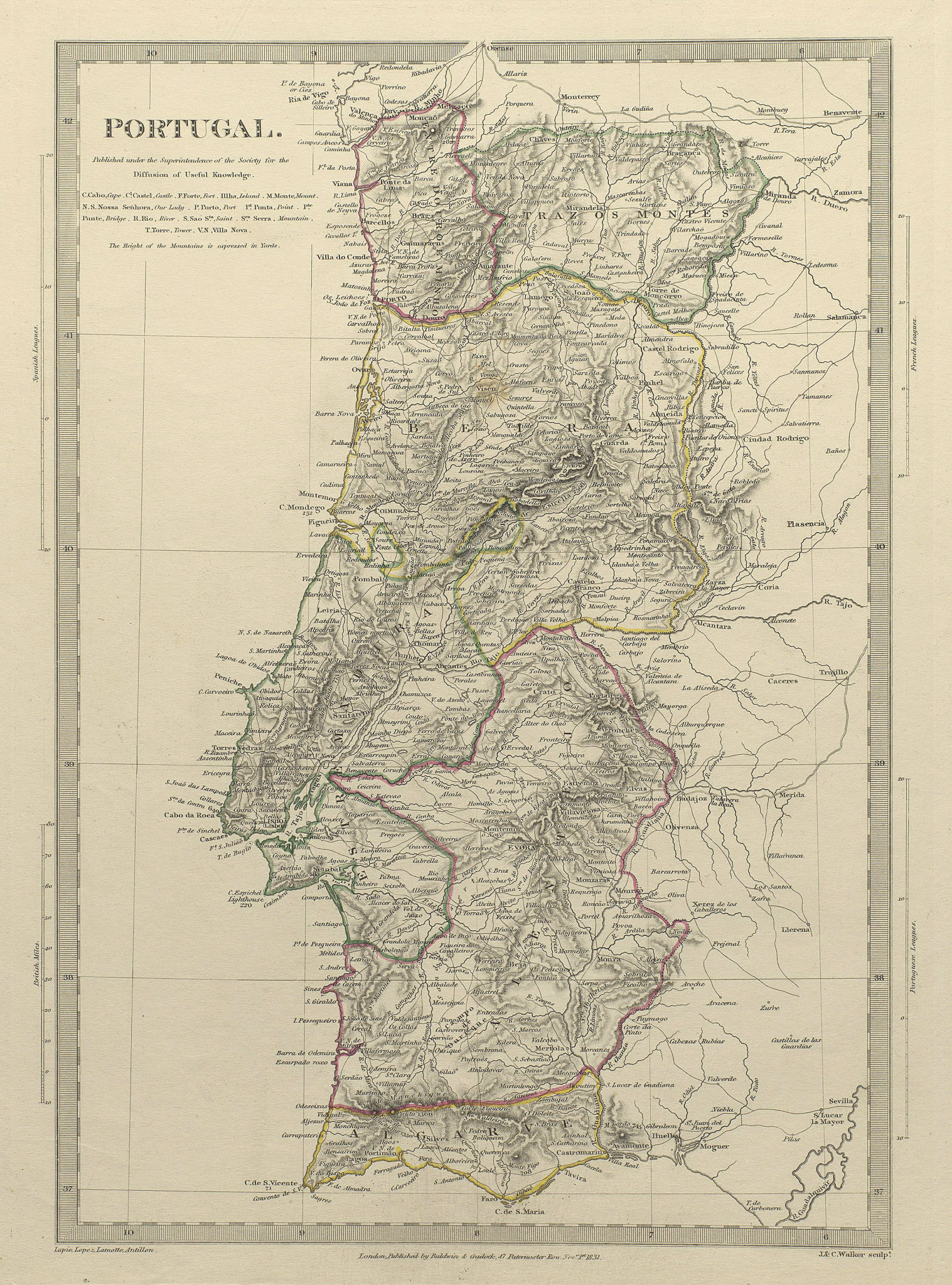 PORTUGAL. Provinces.Algarve Alentejo Estremadura Beira etc. SDUK 1844 old map