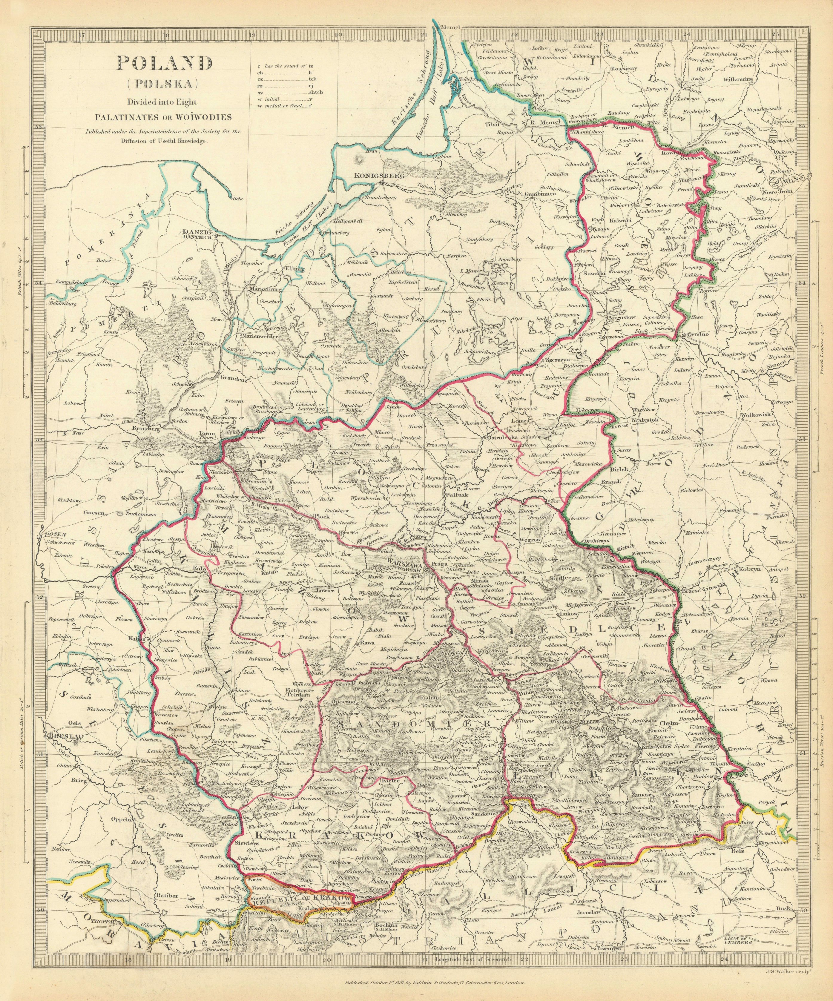 POLAND POLSKA.Palatinates Woiwodies.Mazow Krakow Plock Kalisz &c.SDUK 1844 map