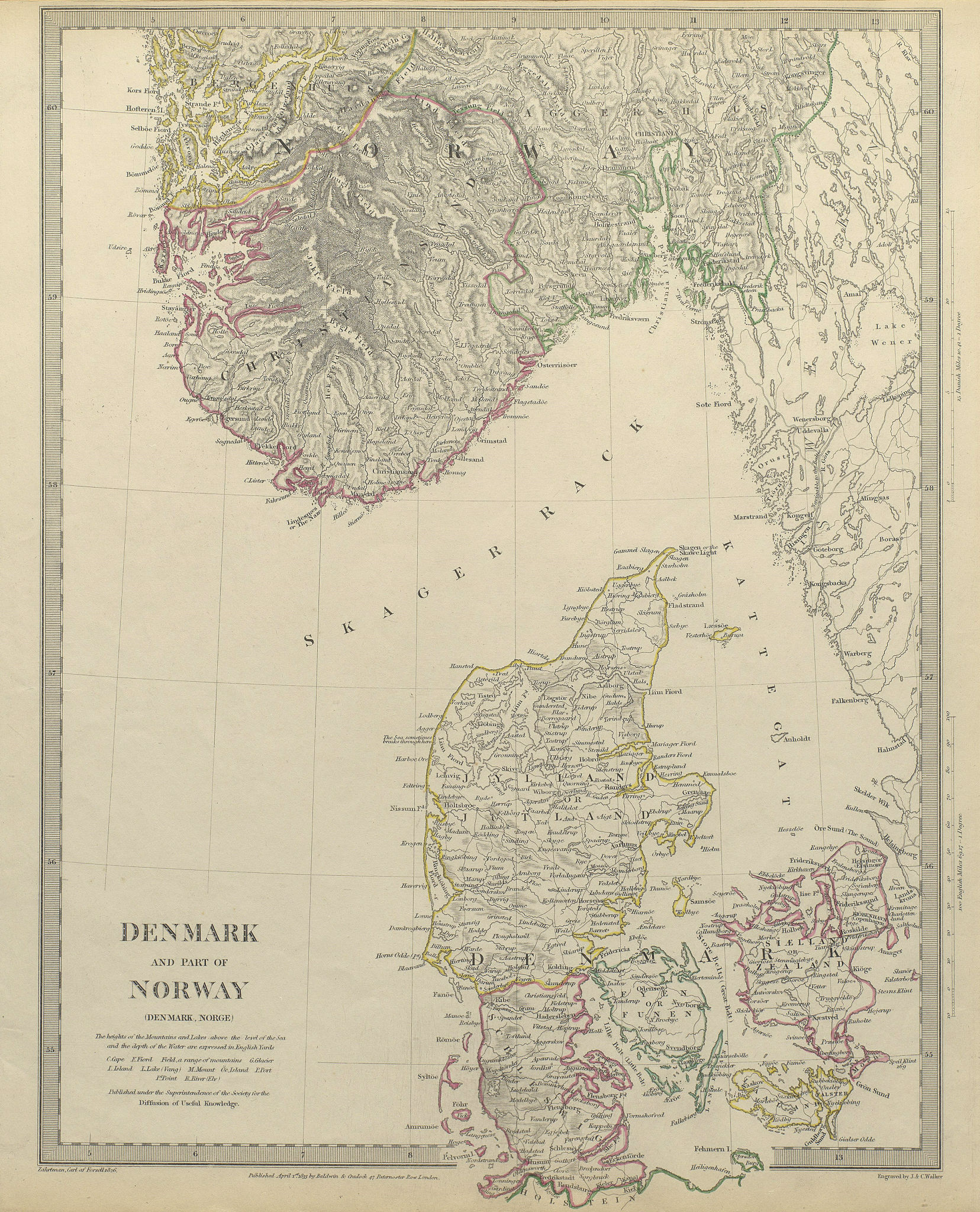 Associate Product SCANDINAVIA. Denmark and Southern Norway (Norge) . SDUK 1844 old antique map