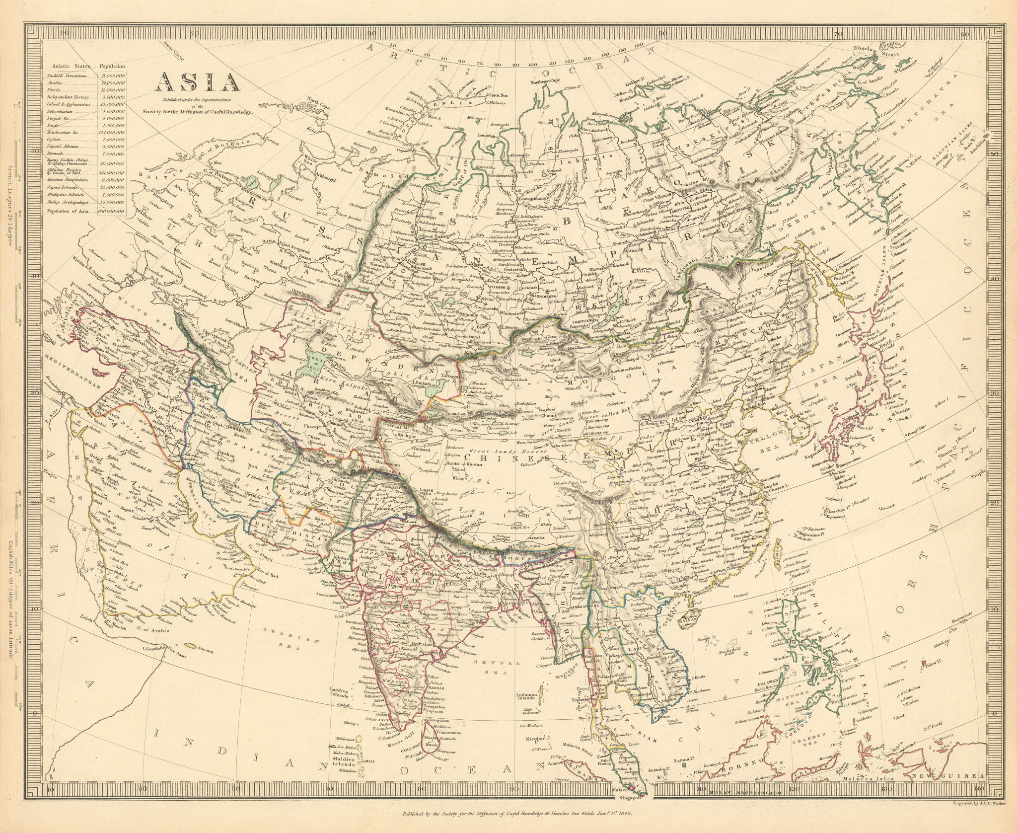 Associate Product ASIA. India Arabia Persia Siam Cochinchina Tartary. Population. SDUK 1844 map
