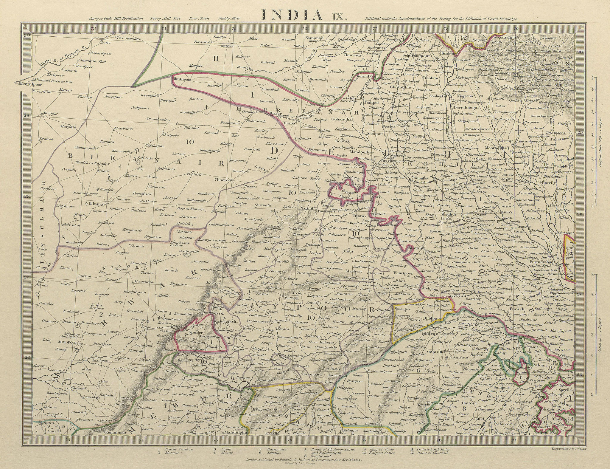 RAJASTHAN. India. Delhi Jaipur Marwar Bikaner Mewar Bundelkhand. SDUK 1844 map