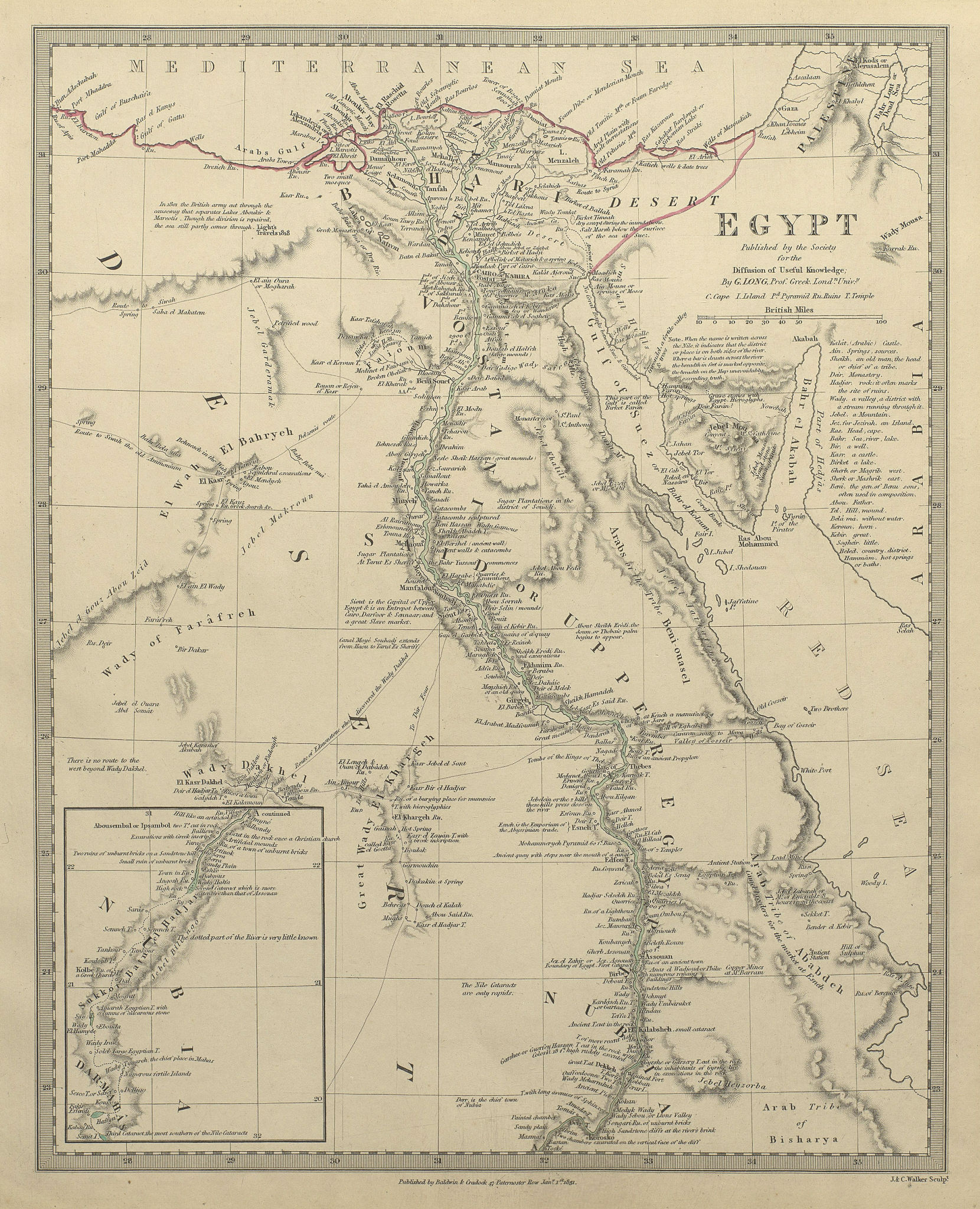 Associate Product EGYPT. Nile valley. Original outline colour. SDUK 1844 old antique map chart