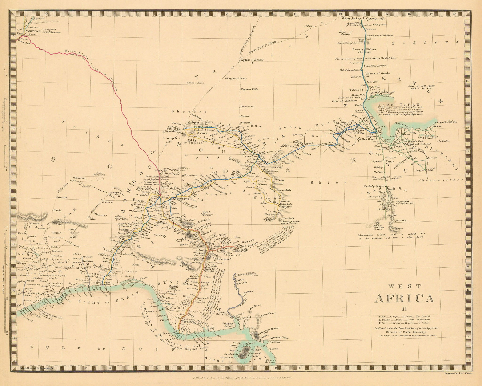 Associate Product NIGERIA w/ early explorers' routes. Lake Chad Yariba Houssa Borgou.SDUK 1844 map