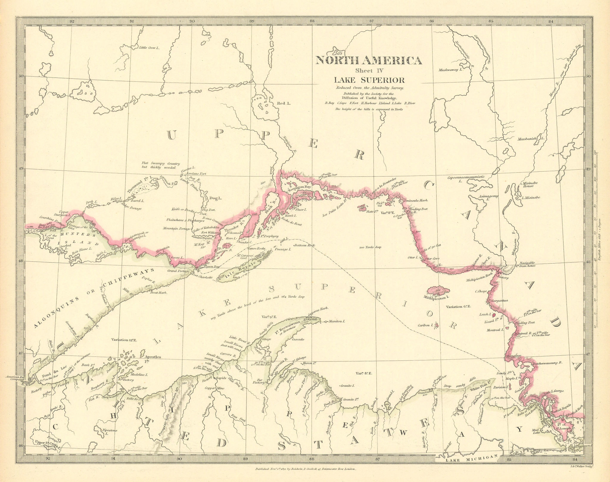Associate Product LAKE SUPERIOR.Canada USA Ontario Chippewa Michigan.Indian tribes.SDUK 1844 map