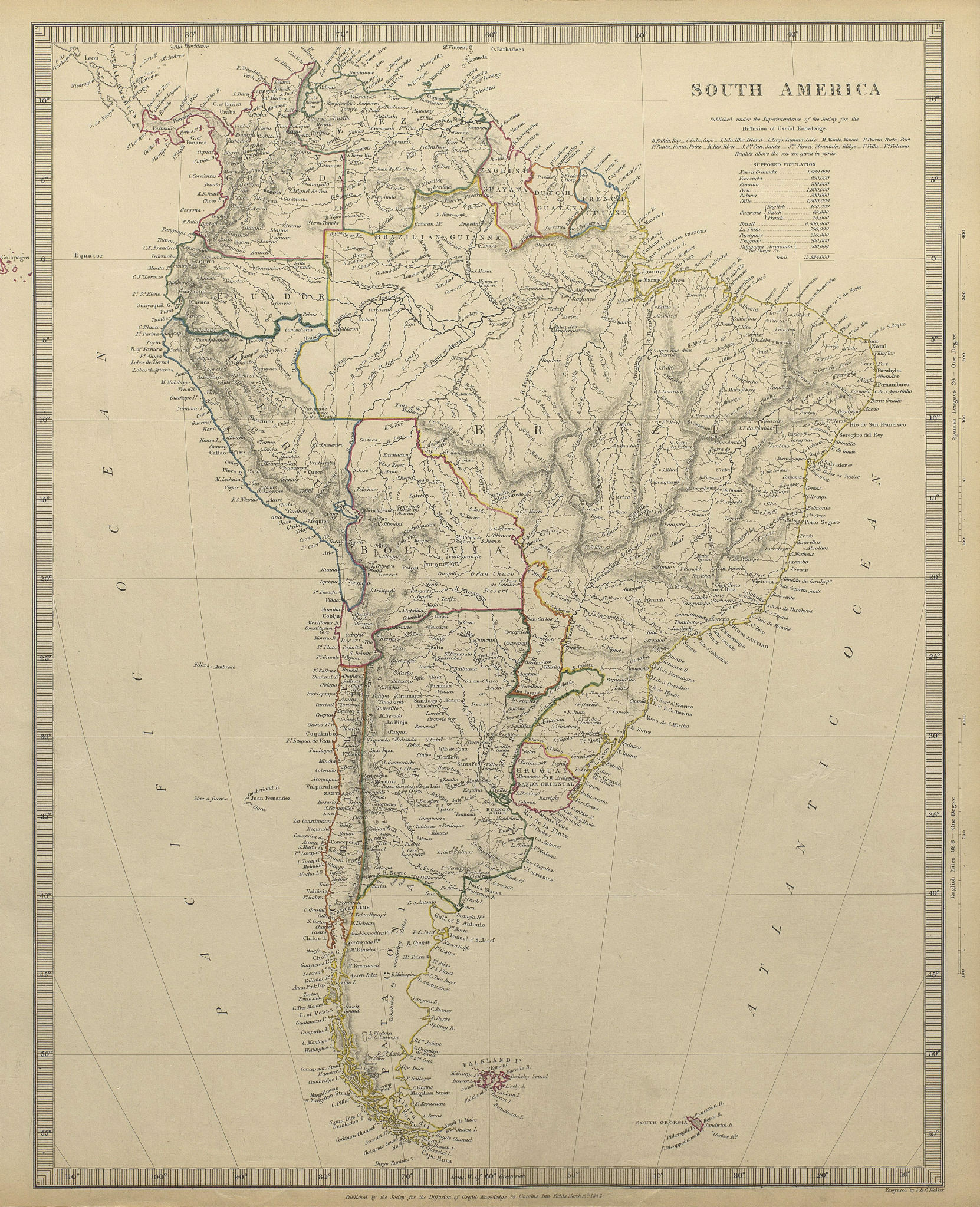 SOUTH AMERICA. Brazil Chile Peru Bolivia Patagonia La Plata. SDUK 1844 old map