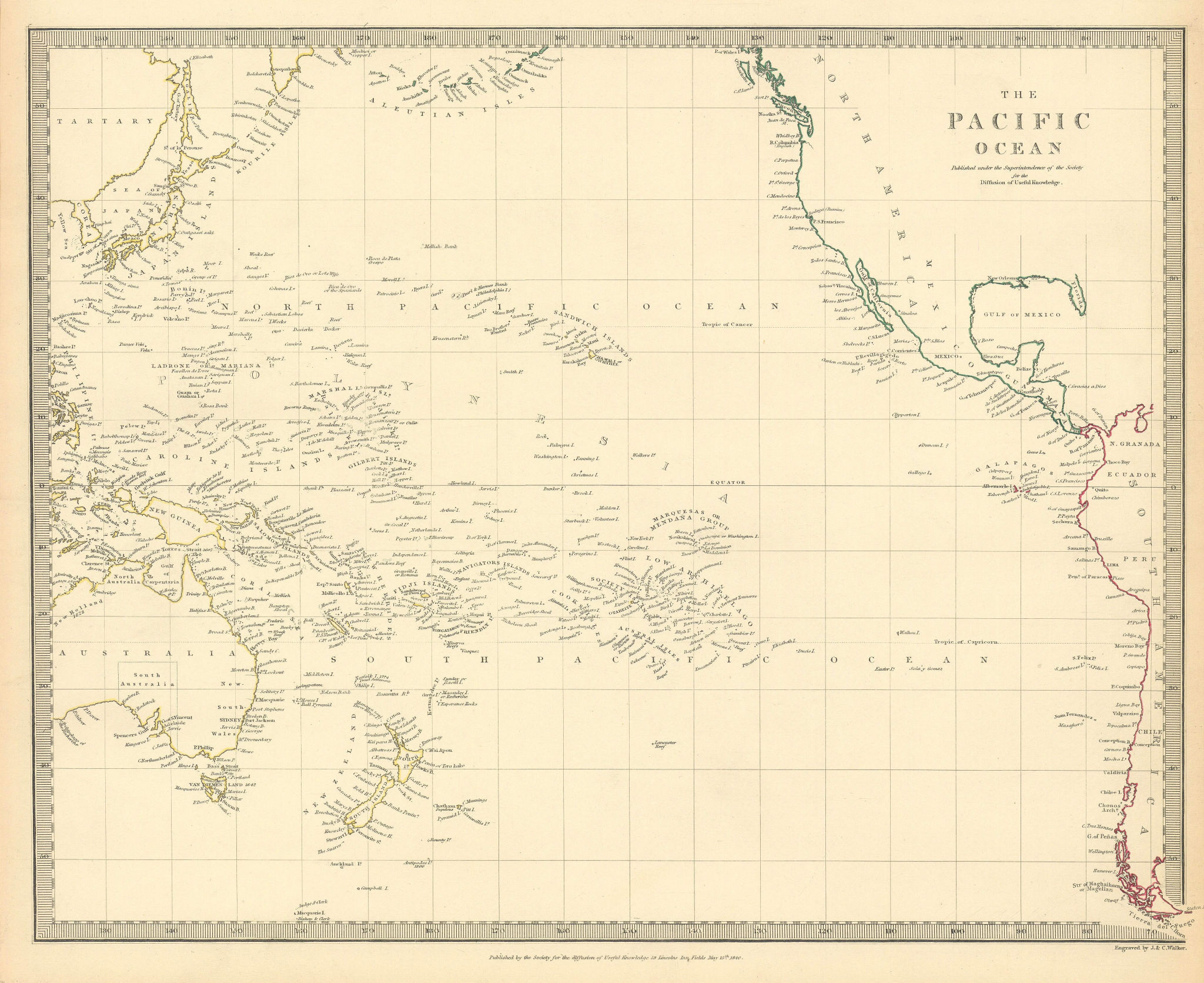 Associate Product PACIFIC OCEAN. Australiasia Polynesia Oceania Sandwich Islands. SDUK 1844 map