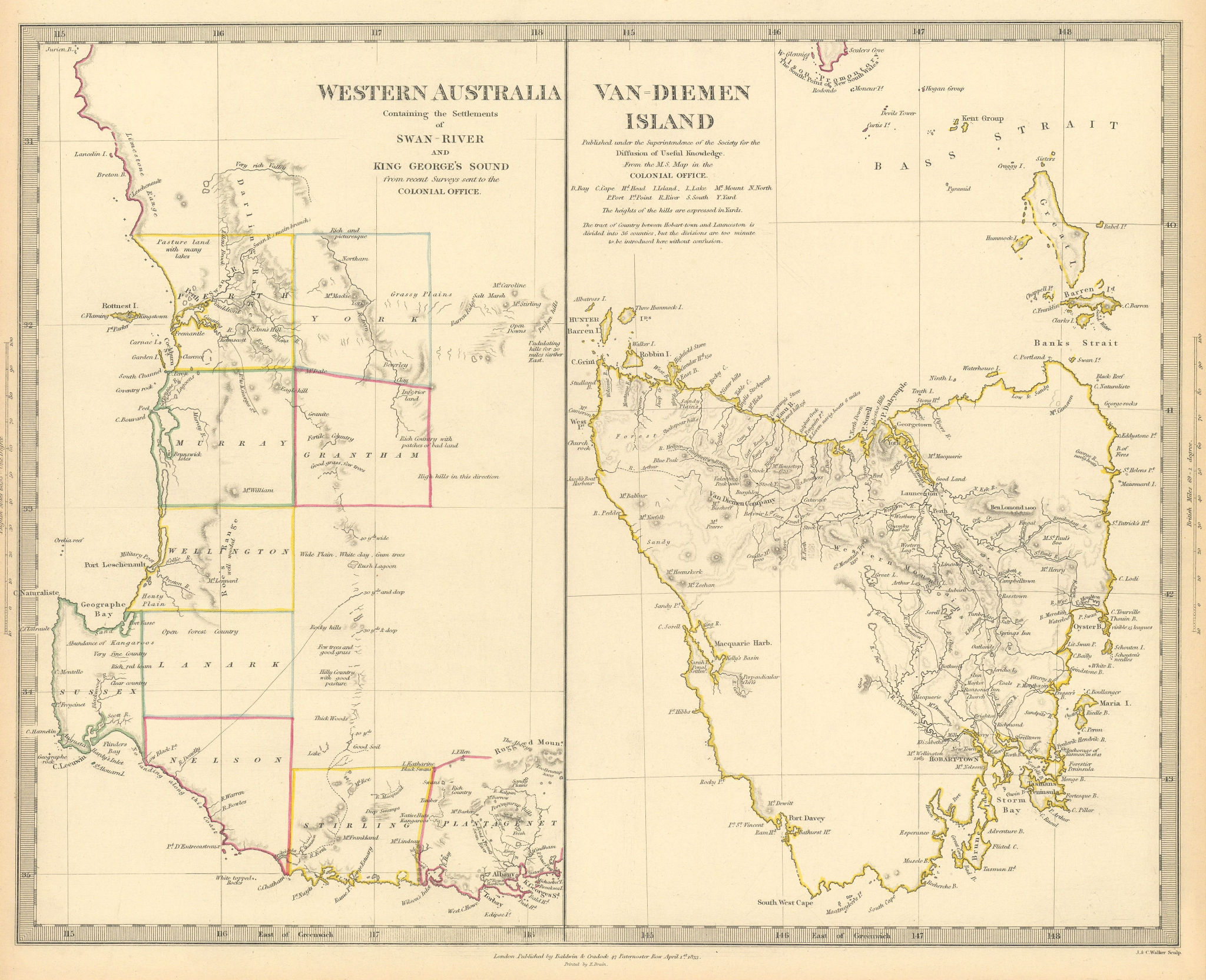 Associate Product AUSTRALIA. Western Australia & Van Diemen's Land (Tasmania) . SDUK 1844 map