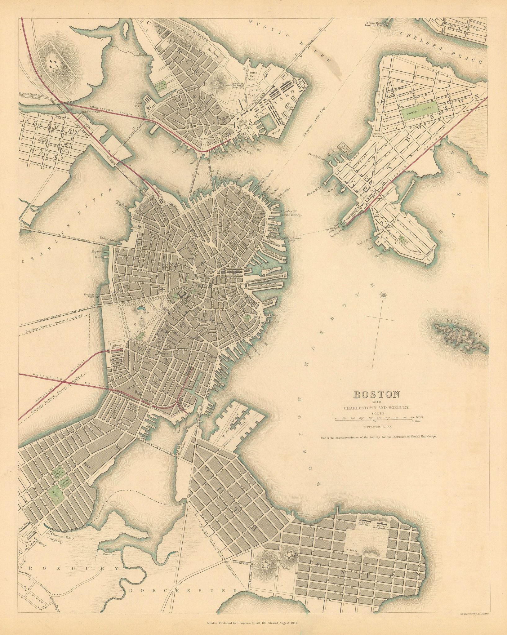 Associate Product BOSTON WITH CHARLESTOWN AND ROXBURY. Antique town city map plan. SDUK 1844