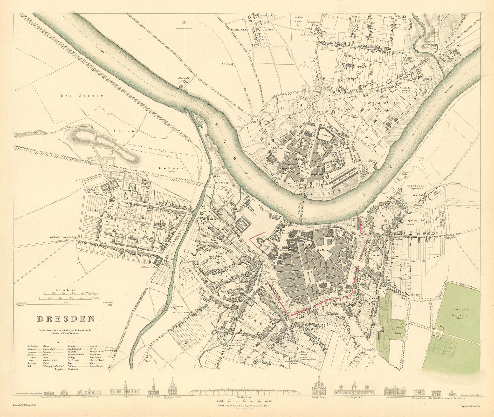 Associate Product DRESDEN. Antique town city map plan. Original colour. SDUK 1844 old