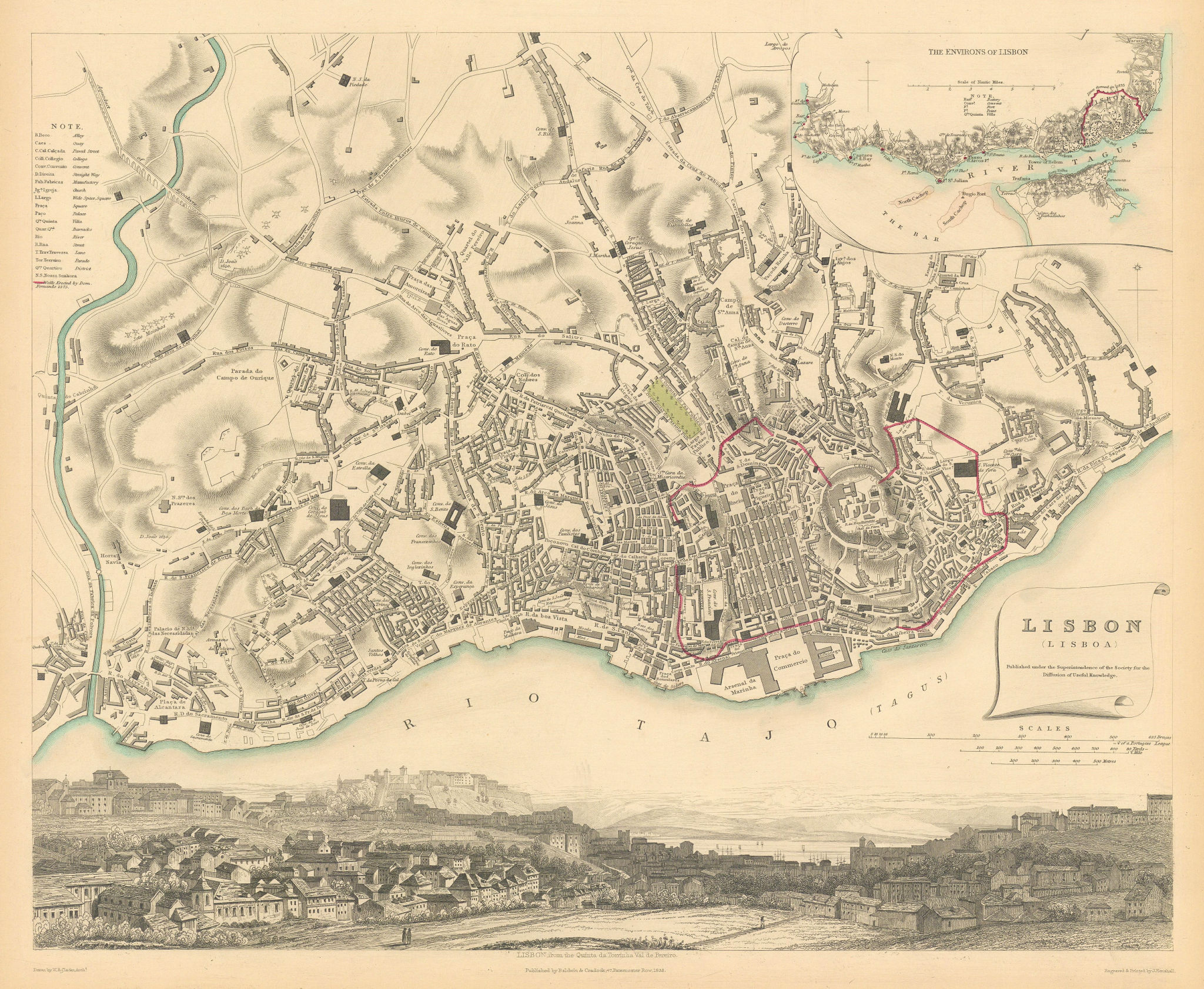 LISBON LISBOA. Antique town city map plan. Inset environs. Panorama. SDUK 1844