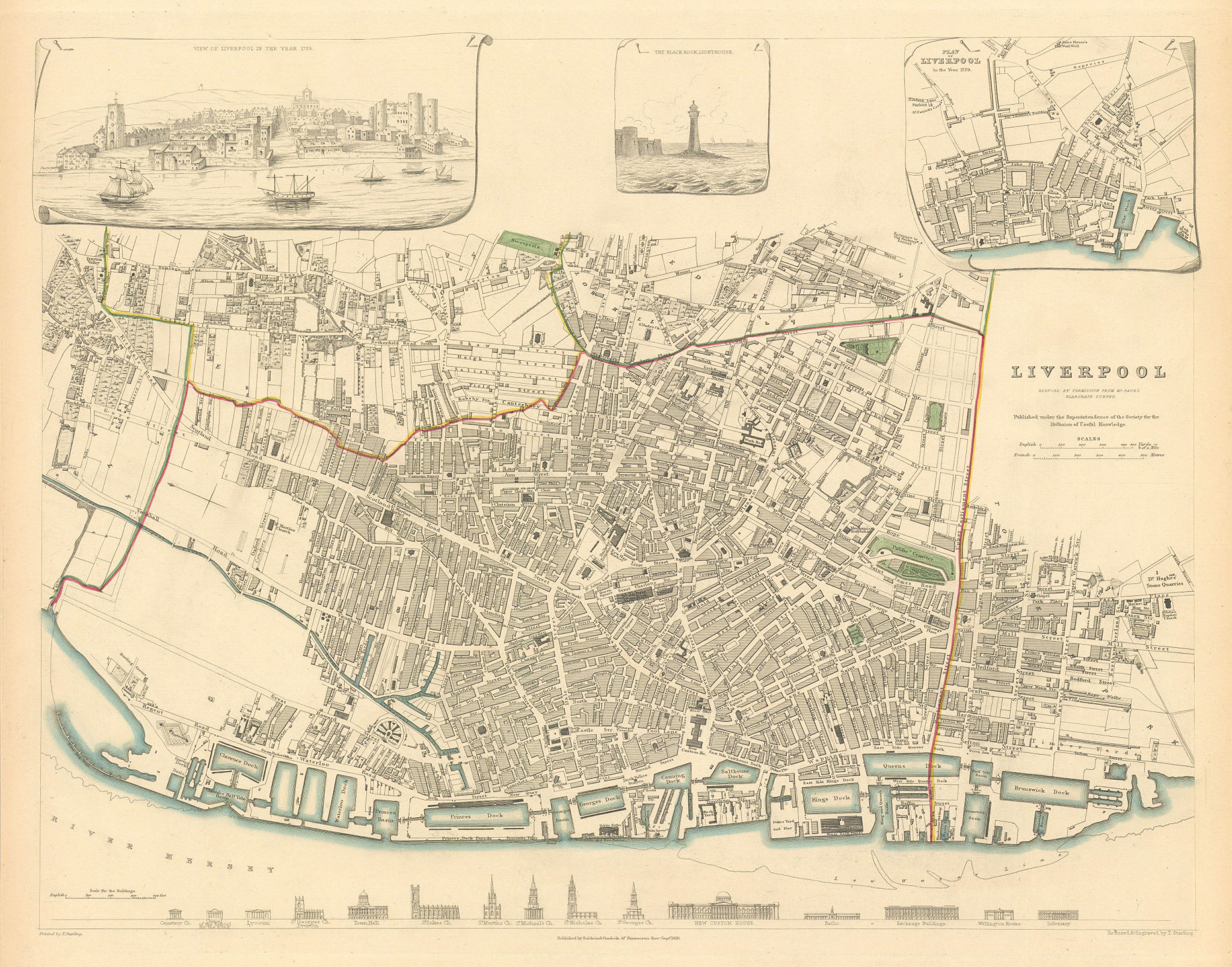Associate Product LIVERPOOL. Antique town city map.Inset view & plan in 1729. Buildings.SDUK 1844