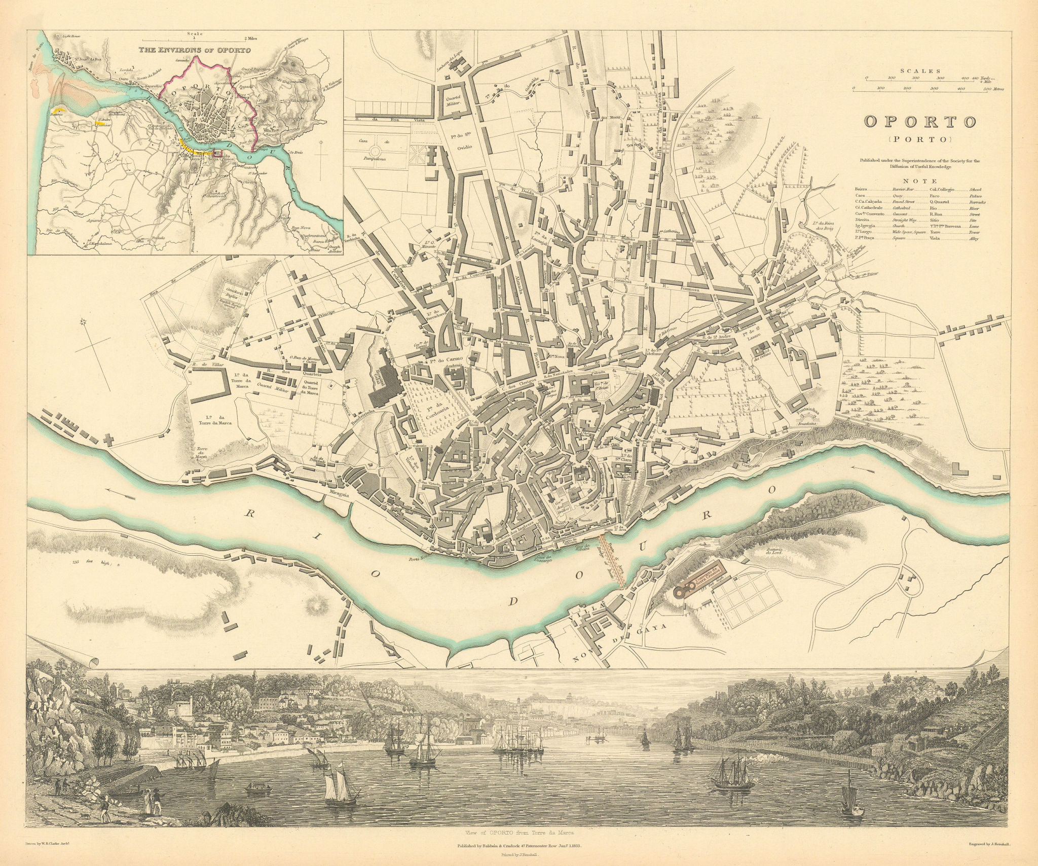 OPORTO PORTO. Antique town city map plan & panorama. Inset environs. SDUK 1844
