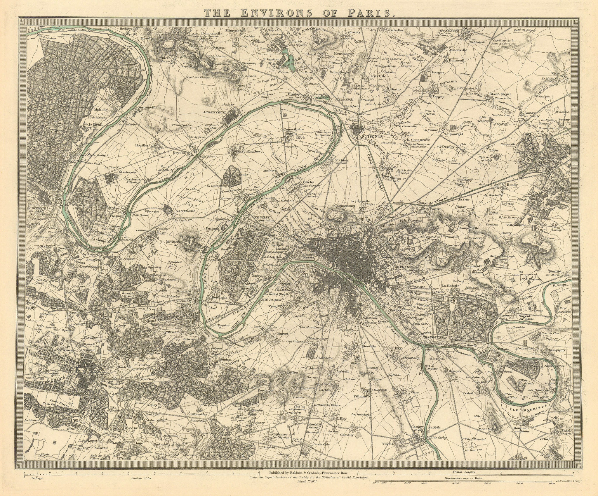 Associate Product PARIS ENVIRONS. Paris. Versailles. Original hand colour. SDUK 1844 old map
