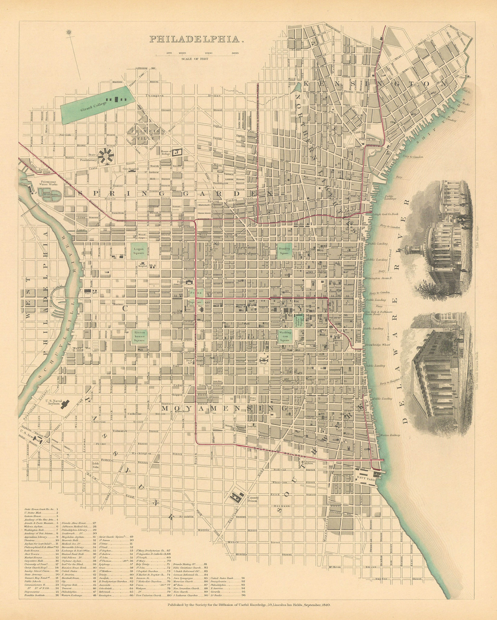 PHILADELPHIA. Antique town city map plan. Inset US Bank, Exchange. SDUK 1844