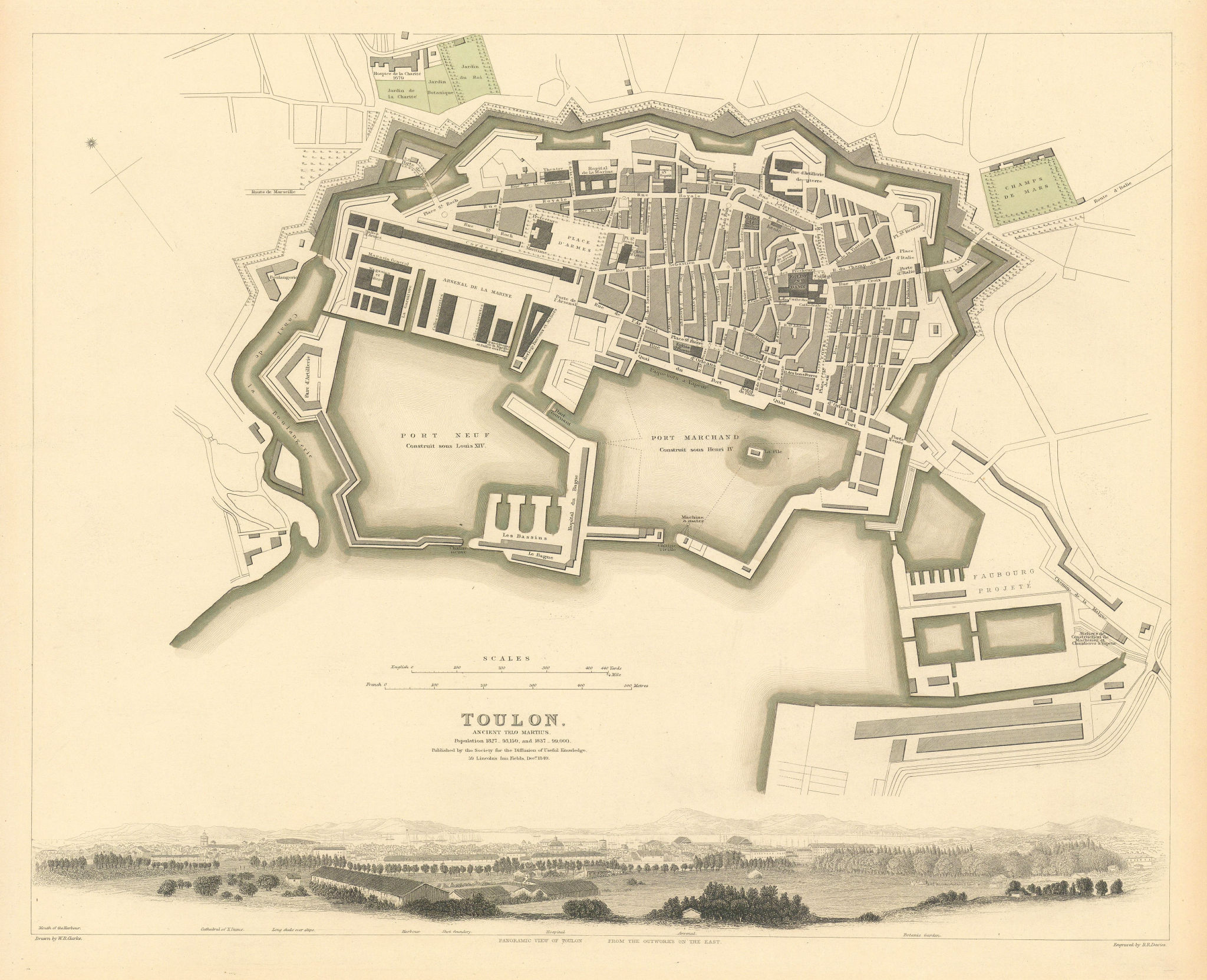 Associate Product TOULON. Antique town city map plan.Ancient Telo Martius.Panorama view.SDUK 1844