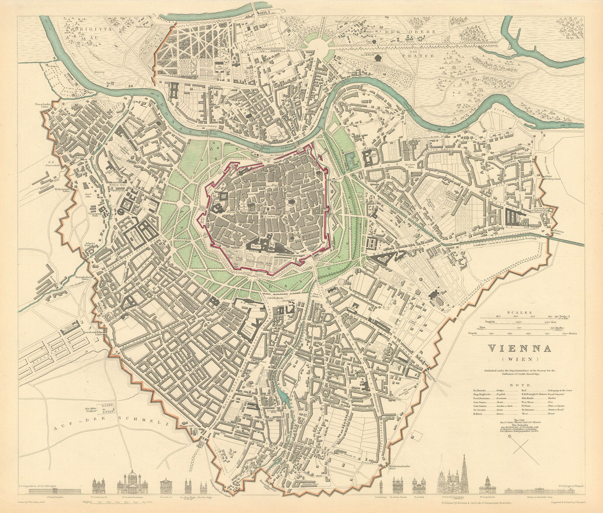 VIENNA WIEN. Antique town city map plan. Principal building profiles. SDUK 1844