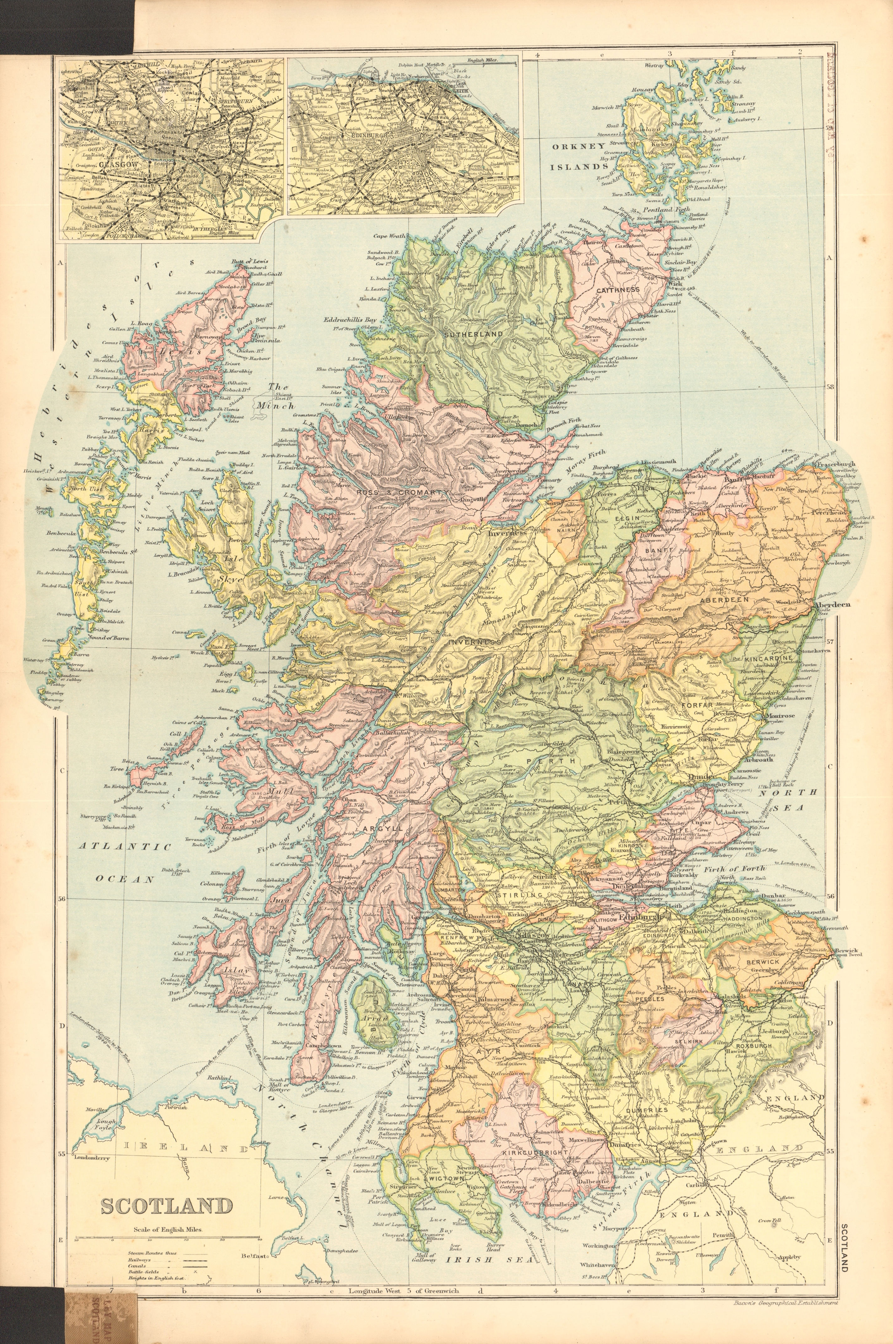 Associate Product SCOTLAND. Edinburgh Glasgow environs. Counties. Railways. BACON 1904 old map