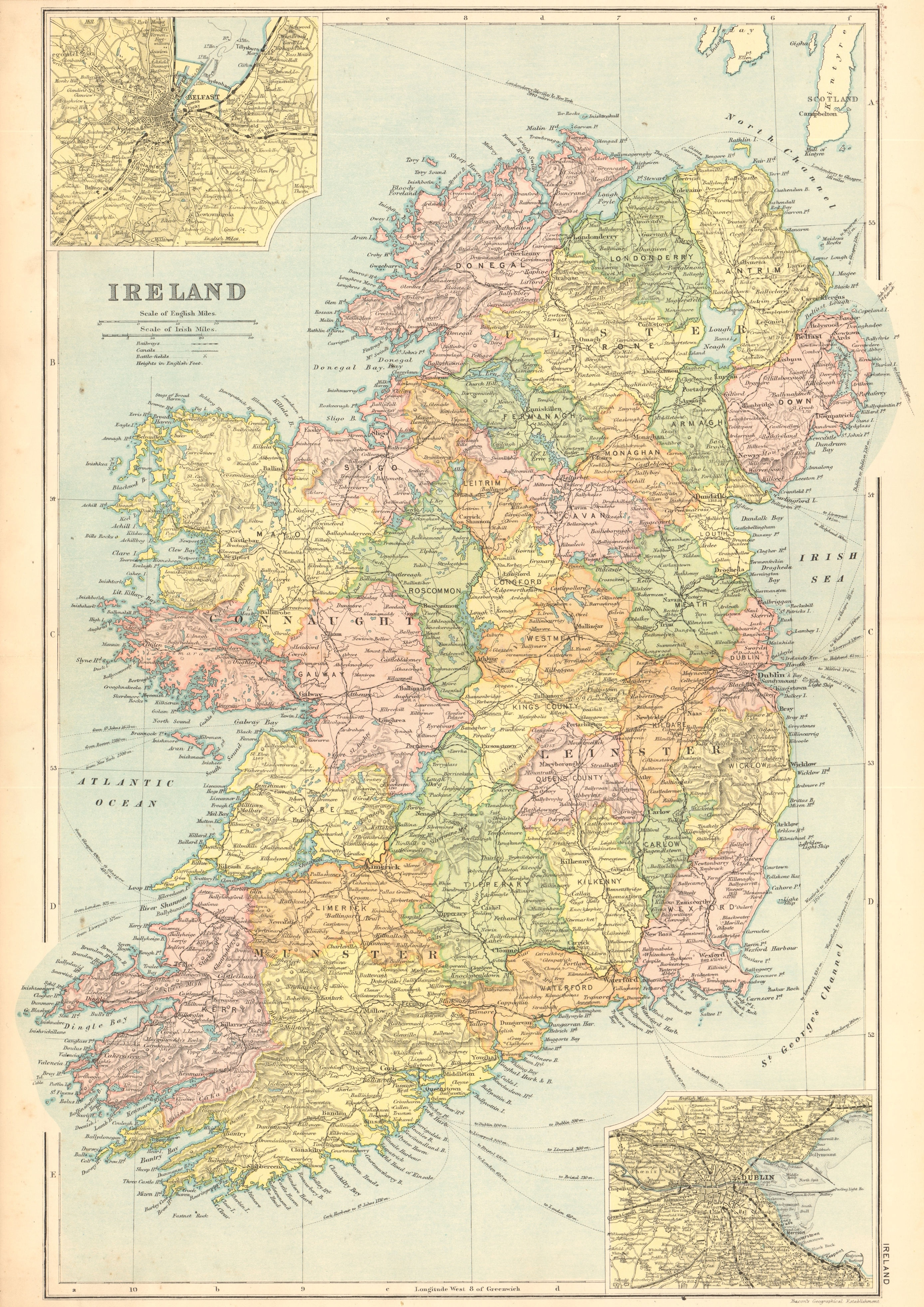 Associate Product IRELAND. Battles/dates Dublin Belfast environs Counties Railways. BACON 1904 map