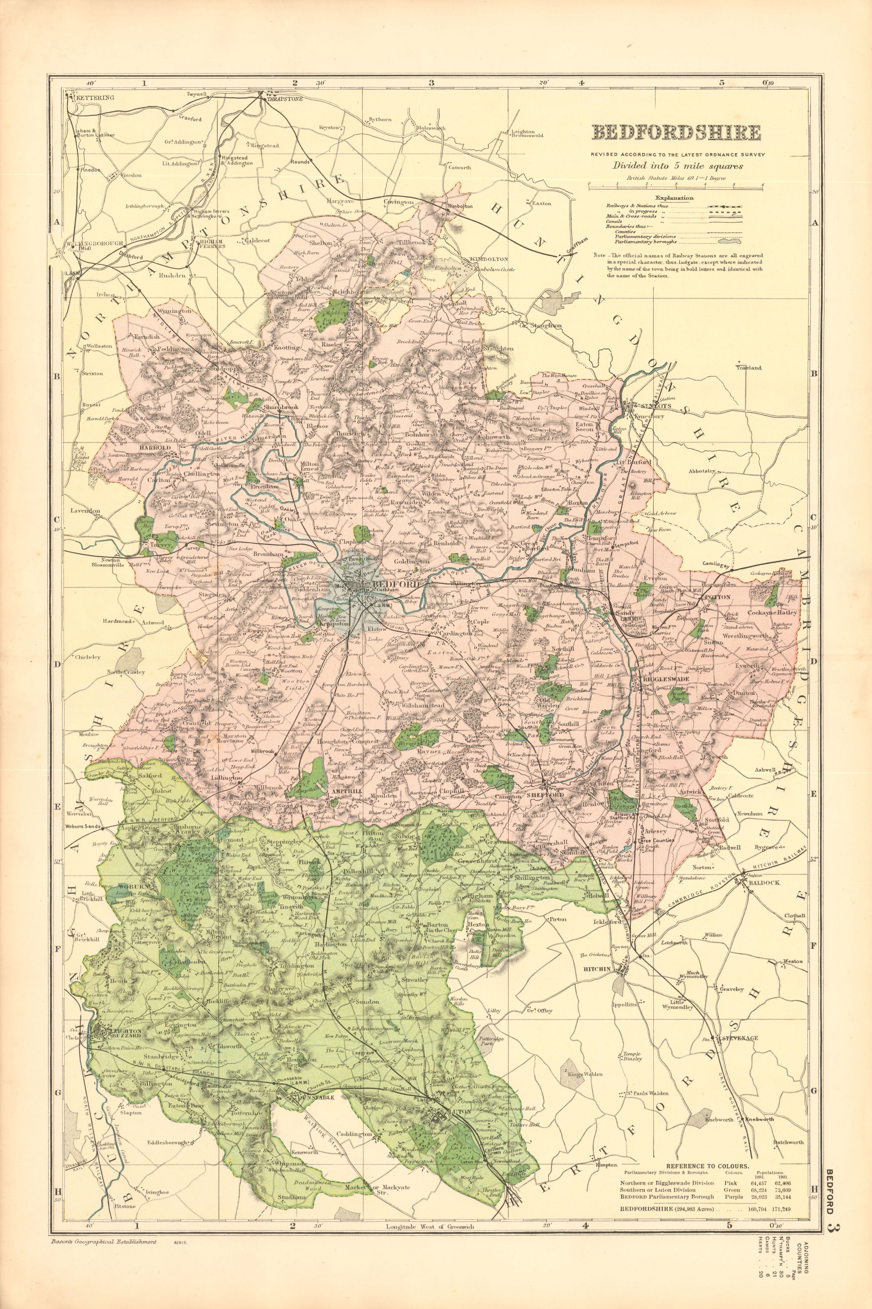 Associate Product BEDFORDSHIRE. Showing Parliamentary divisions, boroughs & parks. BACON 1904 map