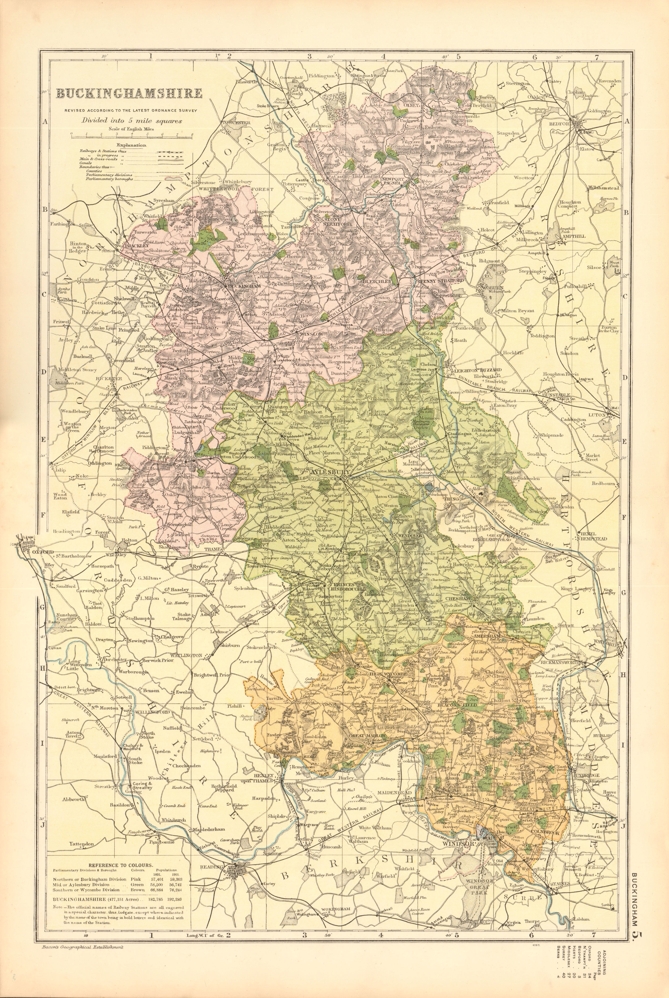 Associate Product BUCKINGHAMSHIRE. Showing Parliamentary divisions,boroughs & parks.BACON 1904 map