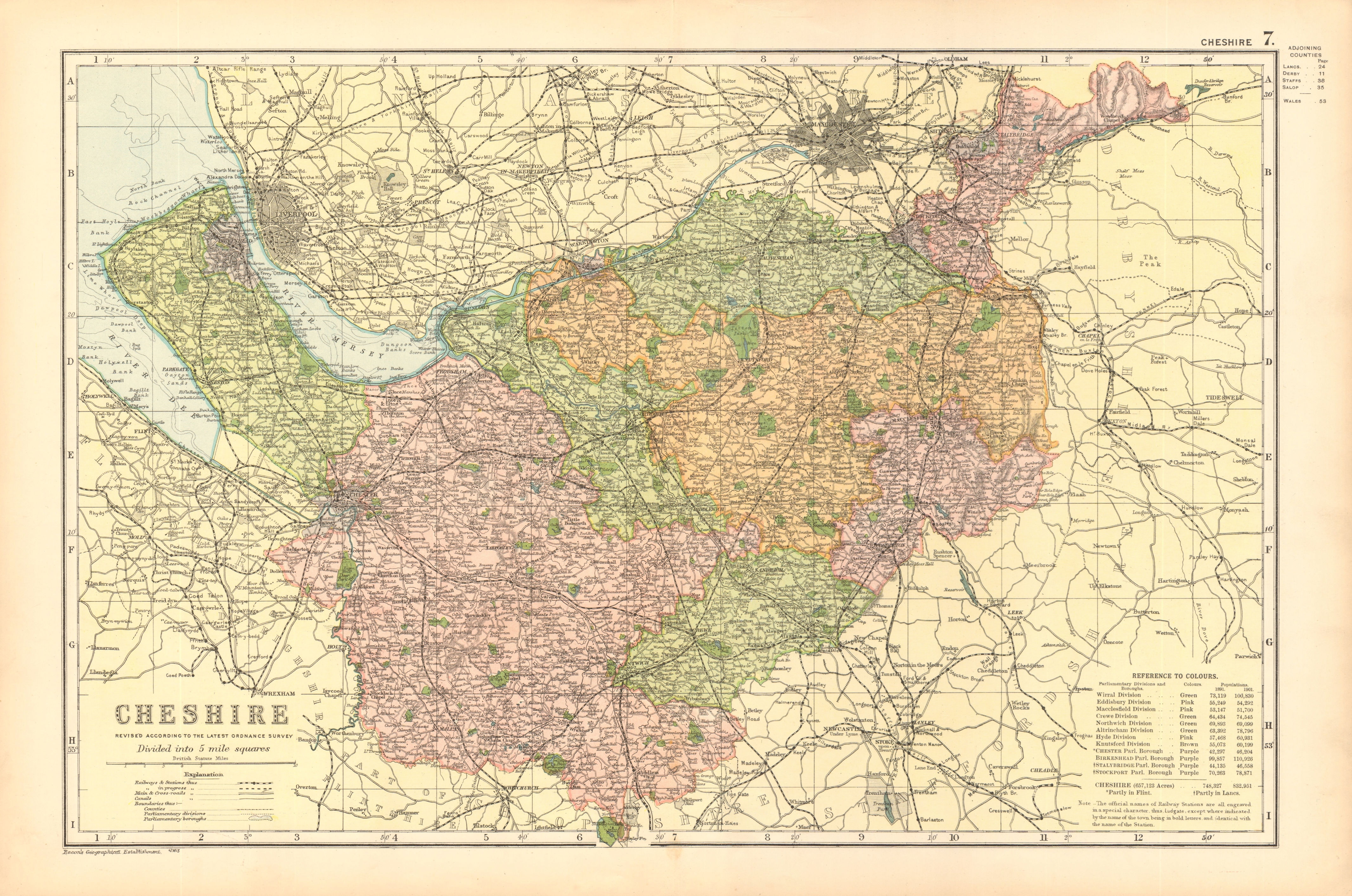 CHESHIRE. Showing Parliamentary divisions, boroughs & parks. BACON 1904 map