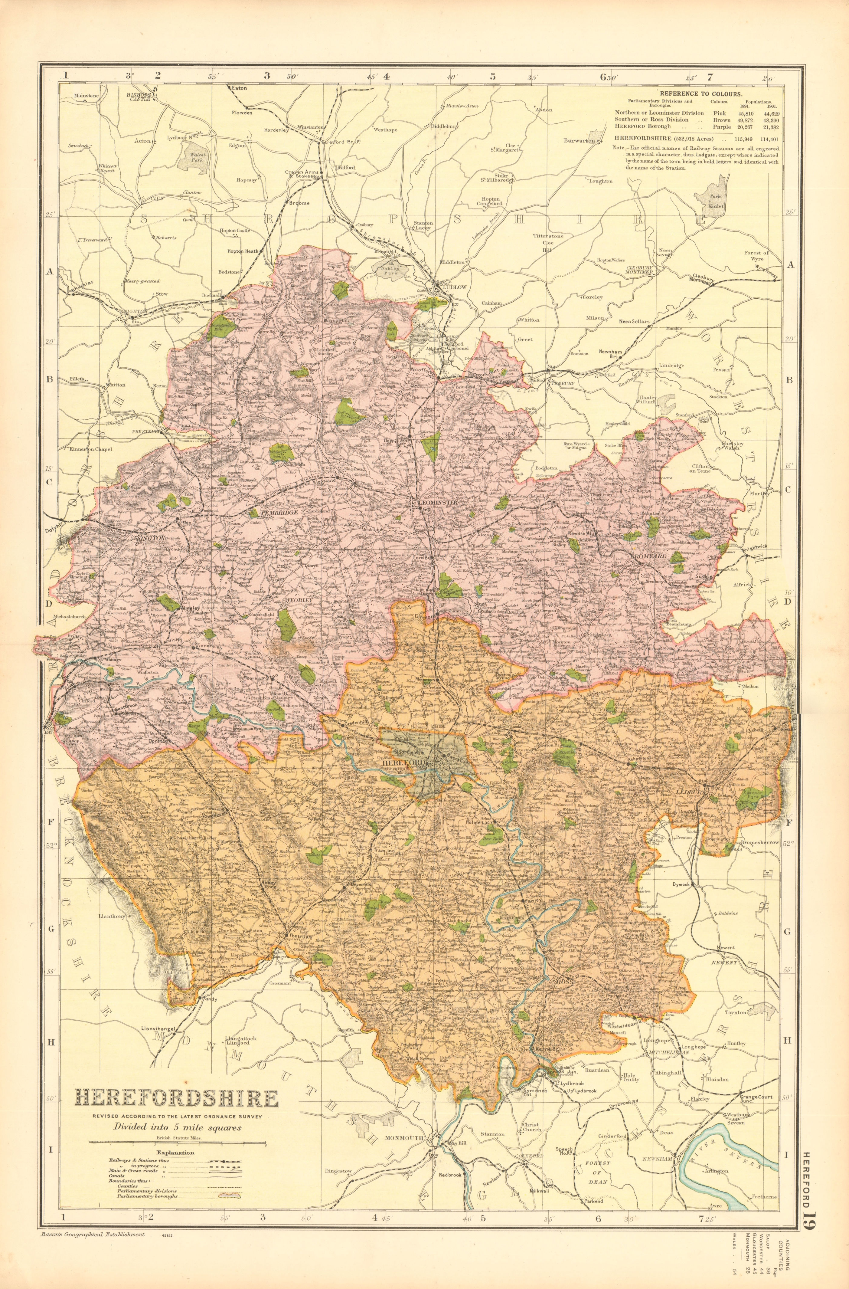 Associate Product HEREFORDSHIRE. Showing Parliamentary divisions, boroughs & parks. BACON 1904 map