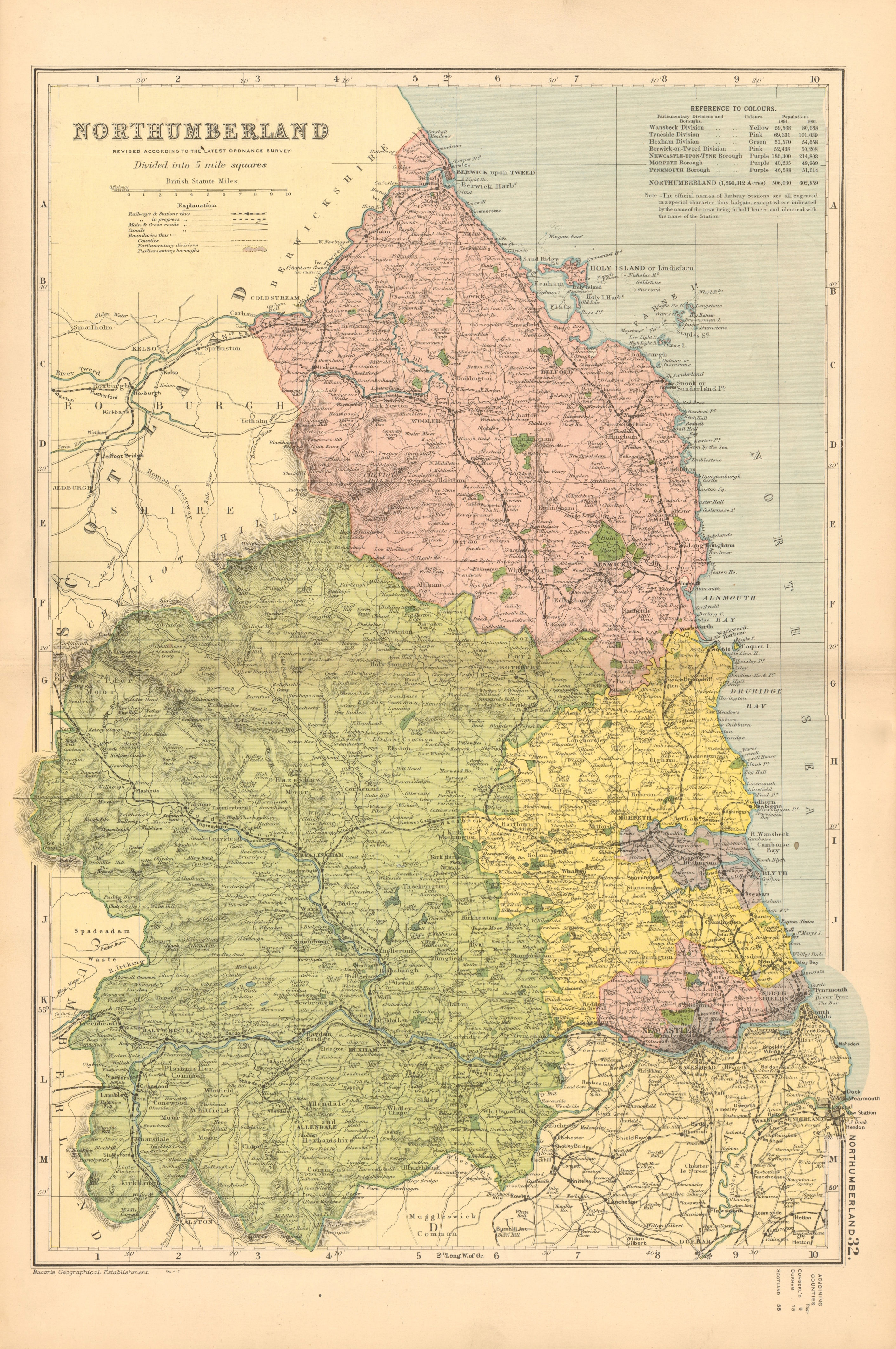 Associate Product NORTHUMBERLAND. Showing Parliamentary divisions,boroughs & parks.BACON 1904 map