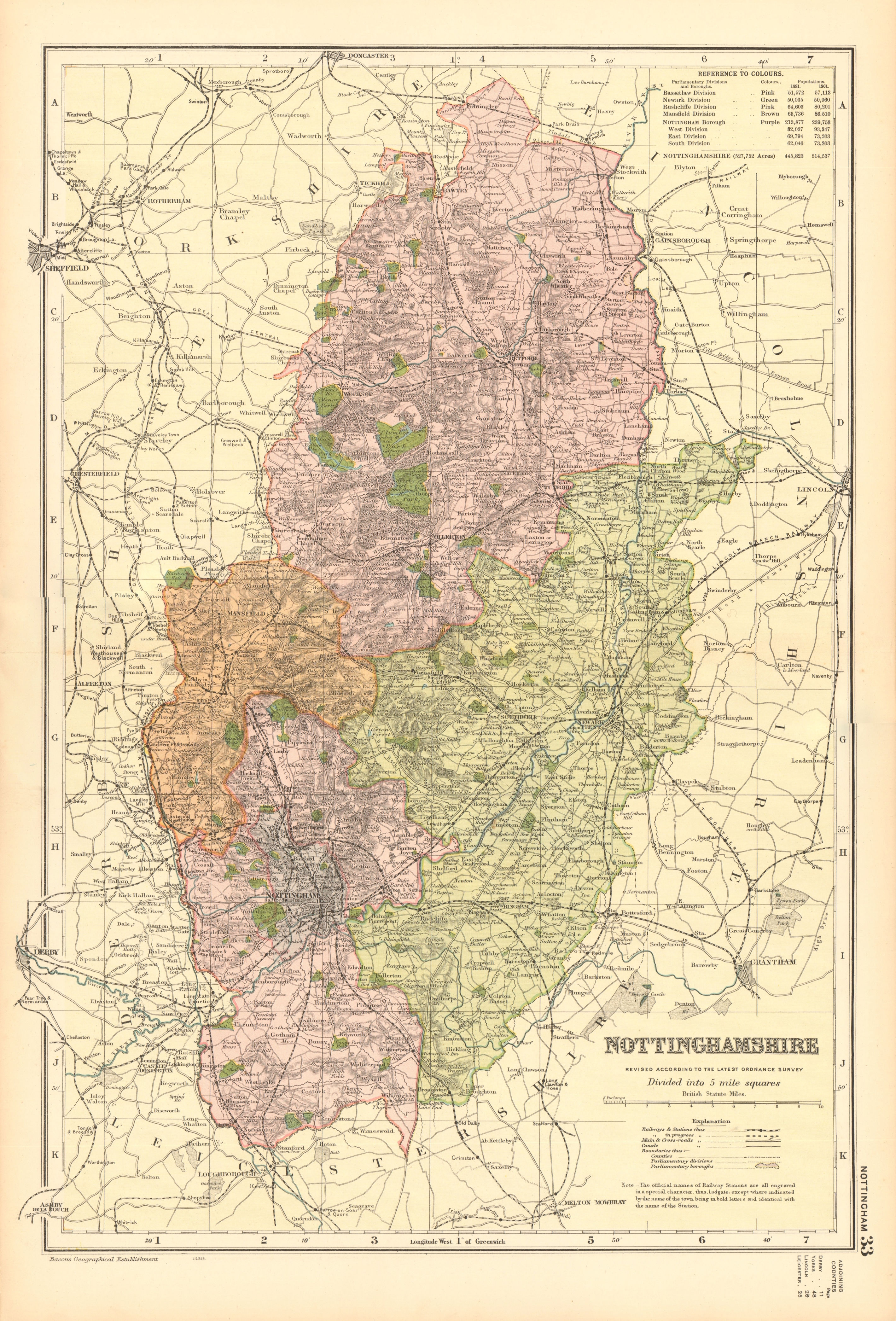 Associate Product NOTTINGHAMSHIRE. Showing Parliamentary divisions,boroughs & parks.BACON 1904 map