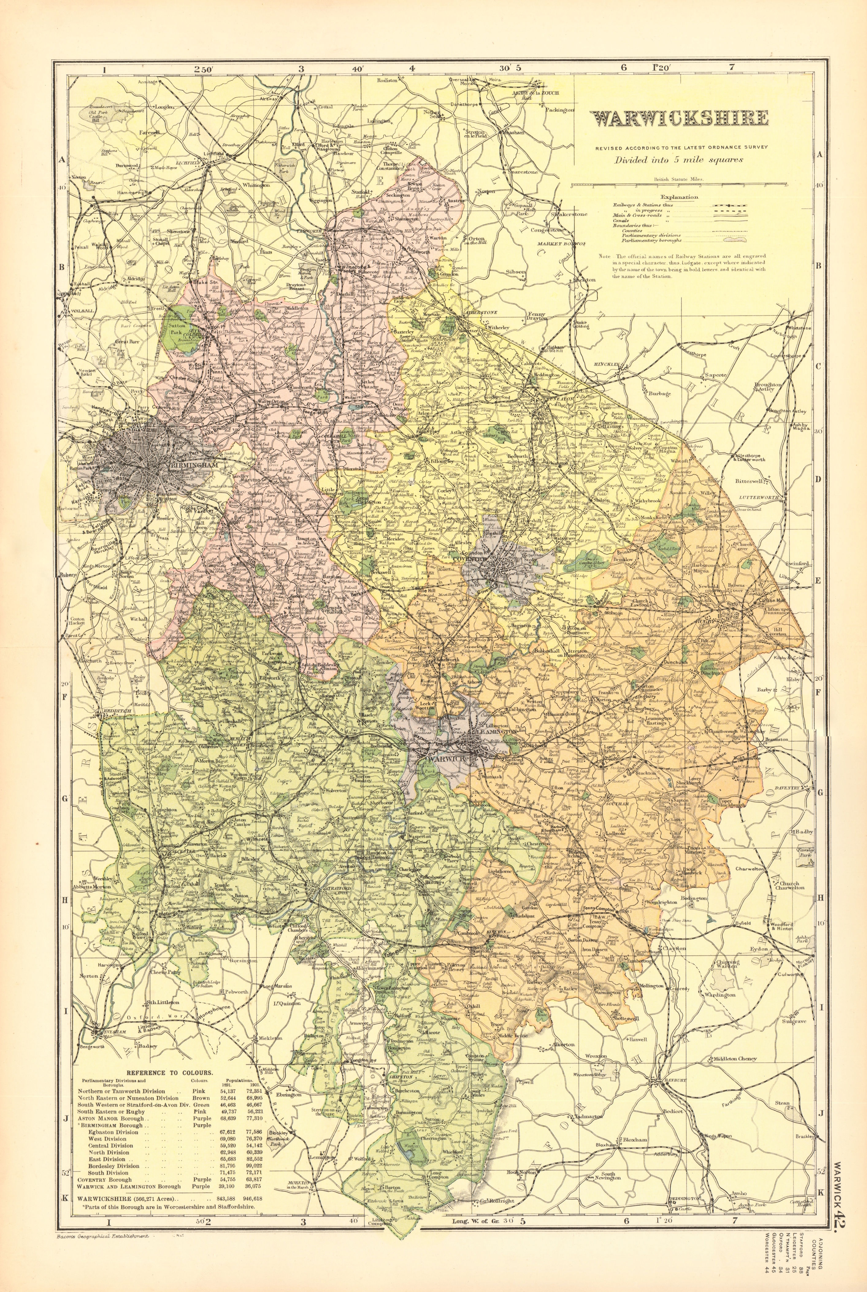 Associate Product WARWICKSHIRE. Showing Parliamentary divisions, boroughs & parks. BACON 1904 map