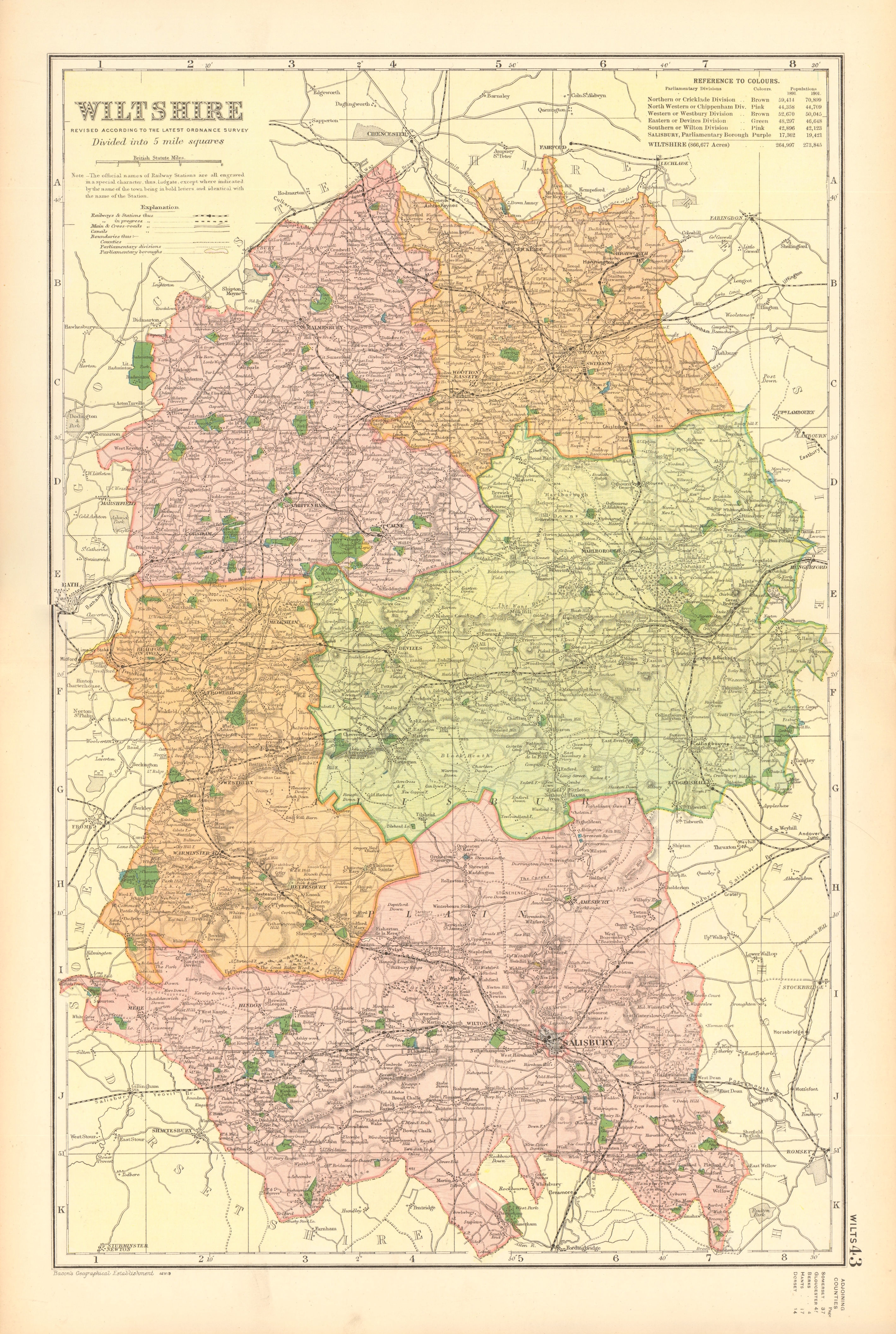 WILTSHIRE. Showing Parliamentary divisions, boroughs & parks. BACON 1904 map