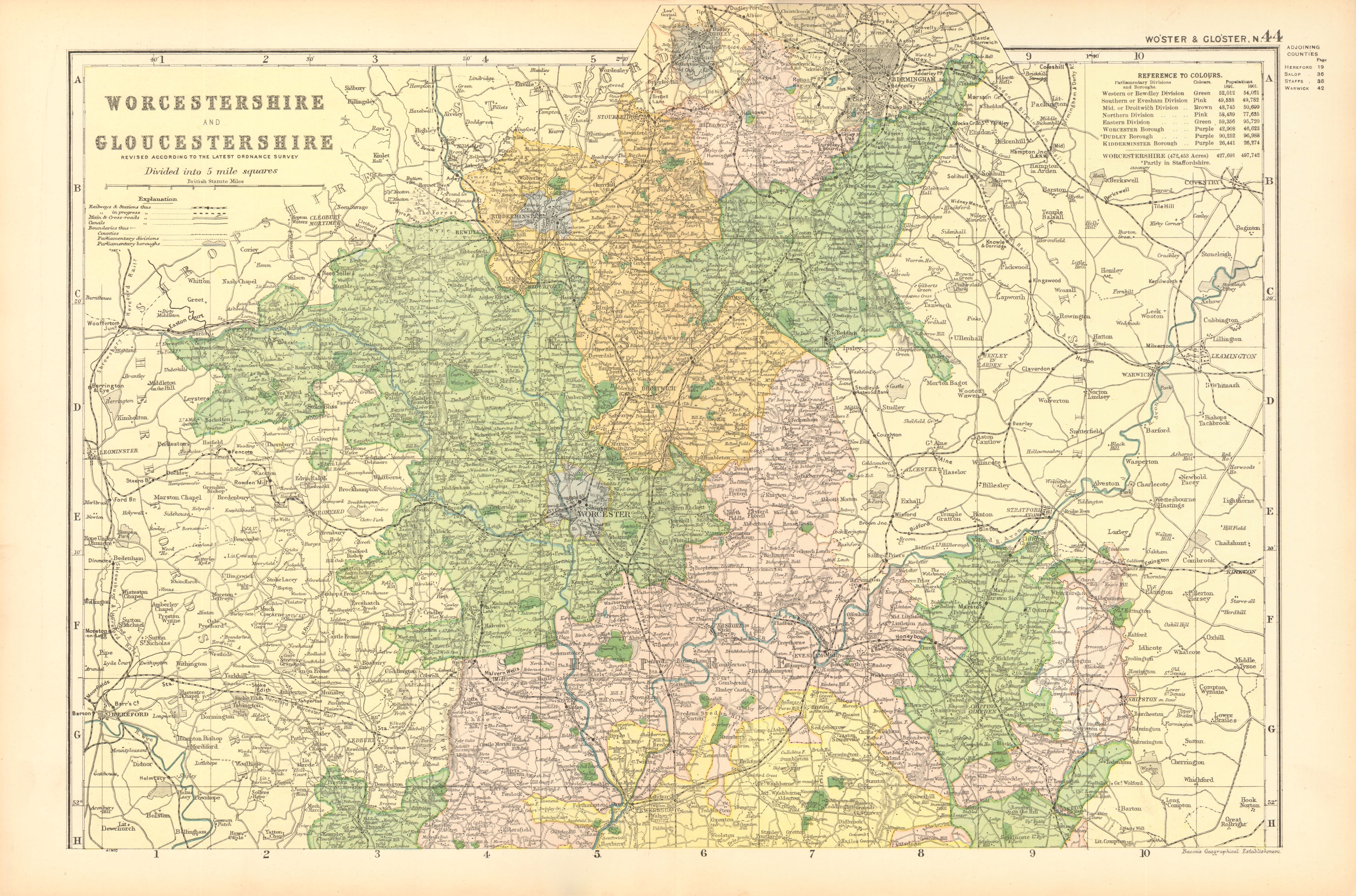 WORCESTERSHIRE AND GLOUCESTERSHIRE NORTH. Parliamentary divisions.BACON 1904 map
