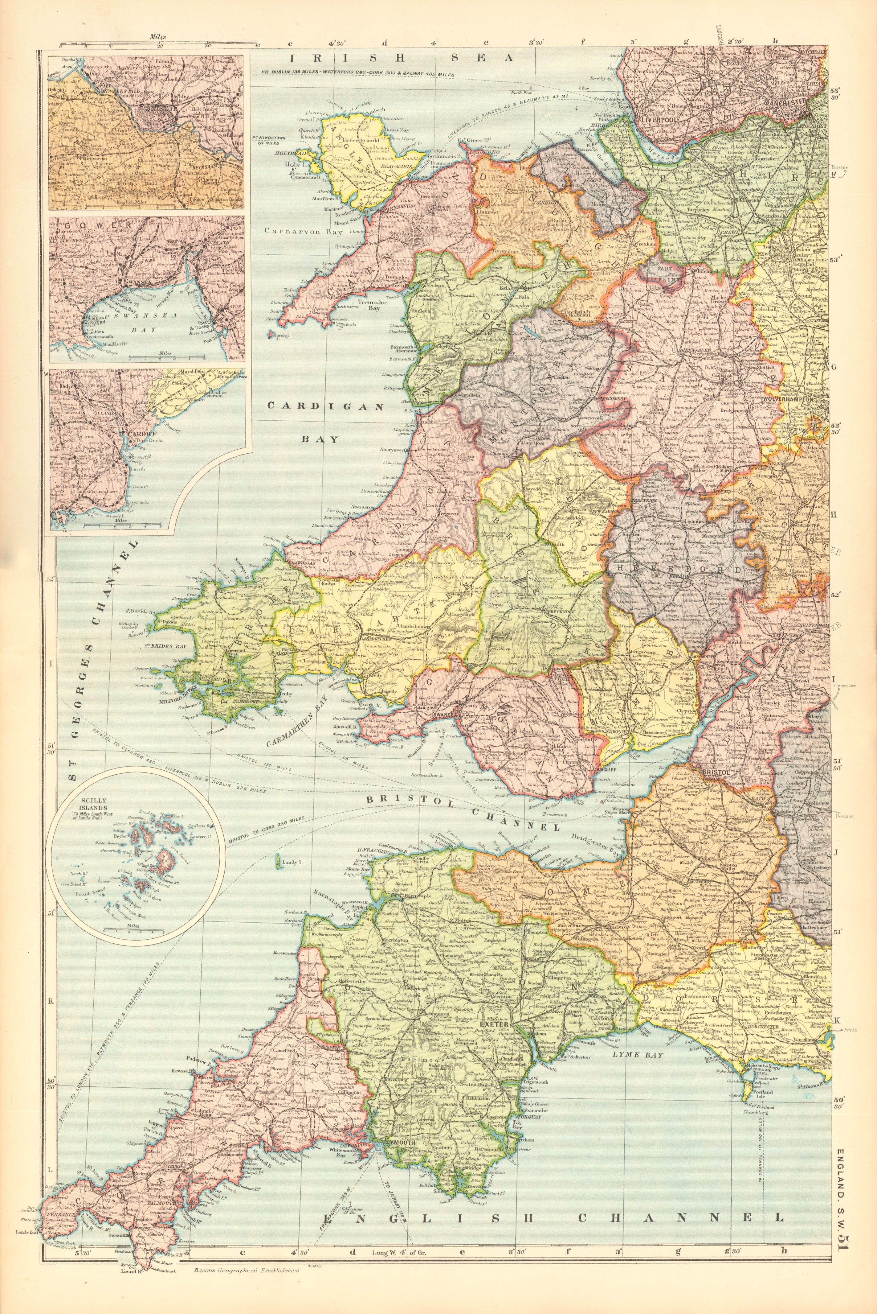ENGLAND SOUTH WEST/WALES. Bristol Gower Cardiff environs.Railways.BACON 1904 map