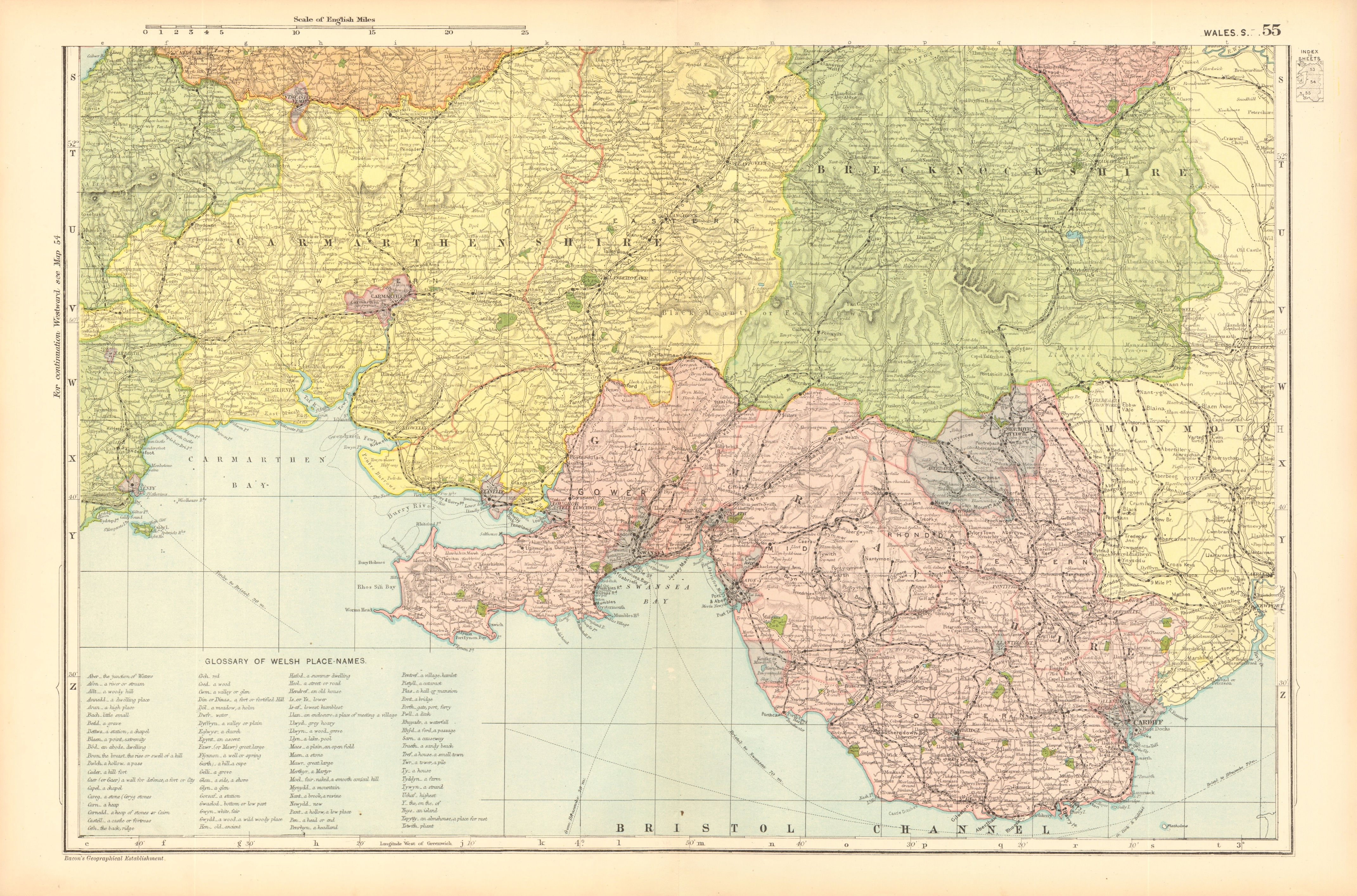 Associate Product SOUTH WALES. Parliamentary divisions. Welsh place name Glossary. BACON 1904 map