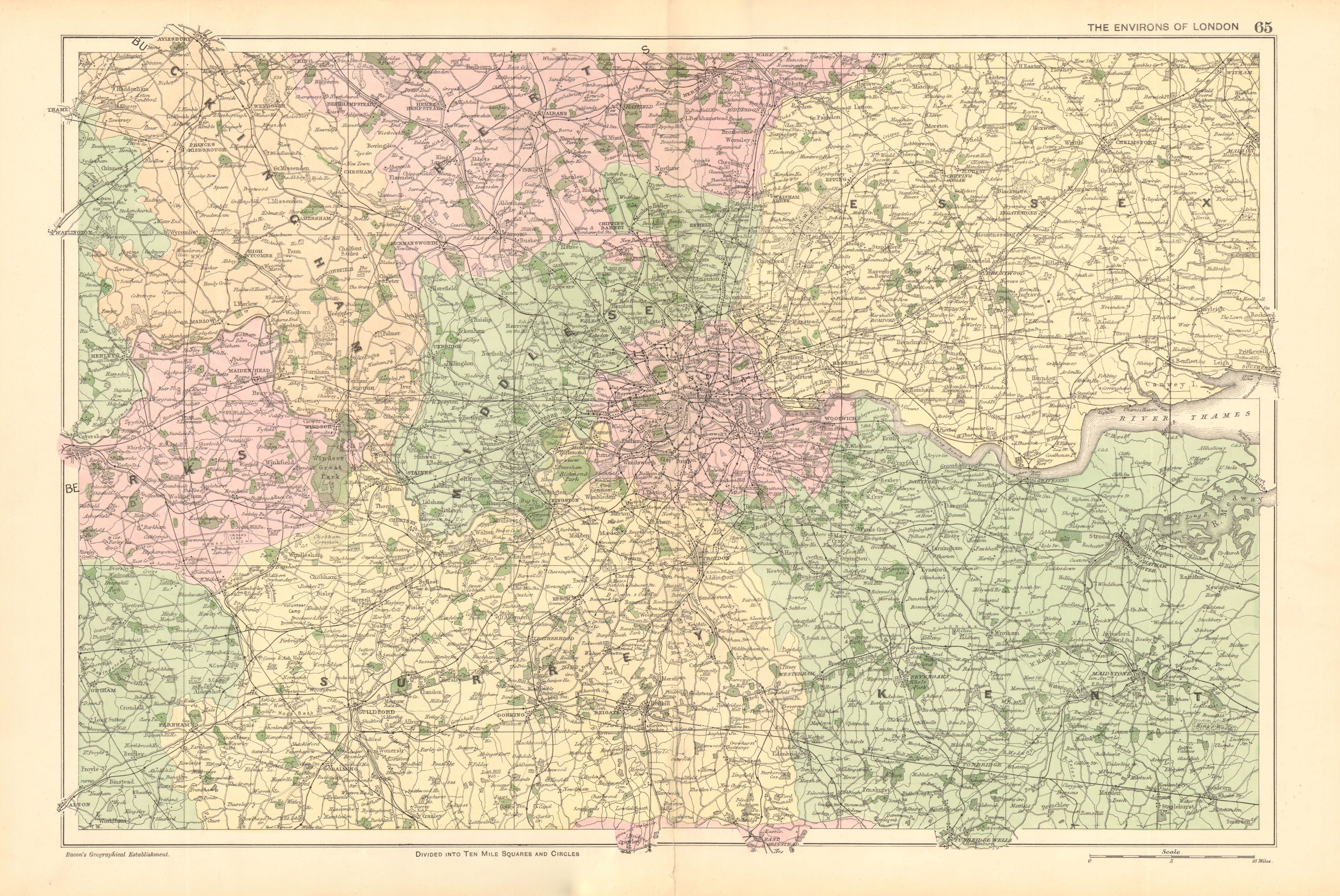 Associate Product LONDON ENVIRONS. Home counties. Railways & parks. BACON 1904 old antique map