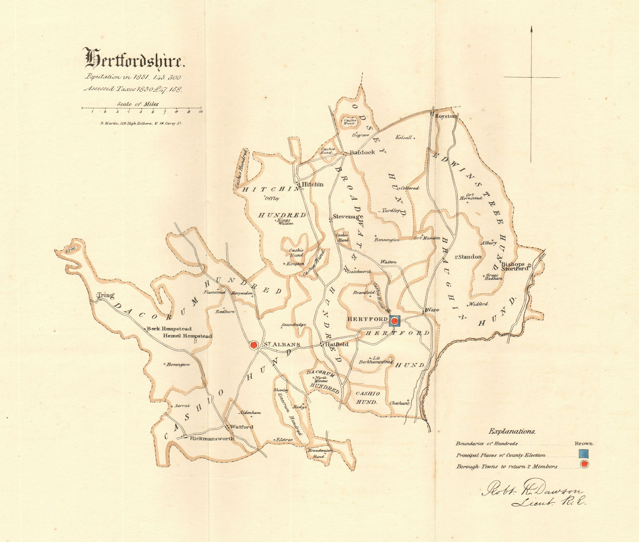 Hertfordshire county map. Boroughs electoral. REFORM ACT. DAWSON 1832 old