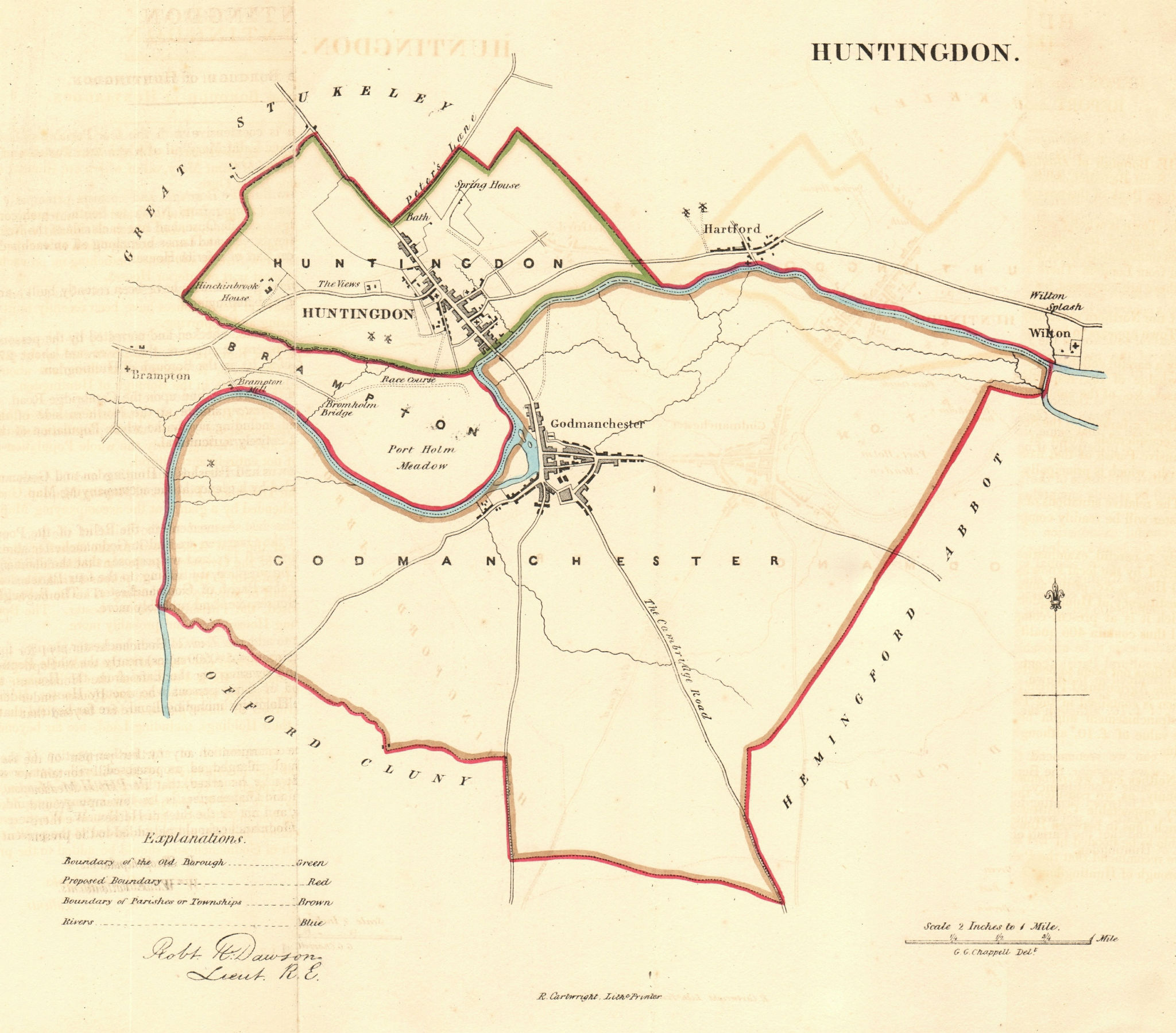 HUNTINGDON borough/town plan. REFORM ACT. Godmanchester Wyton. DAWSON 1832 map