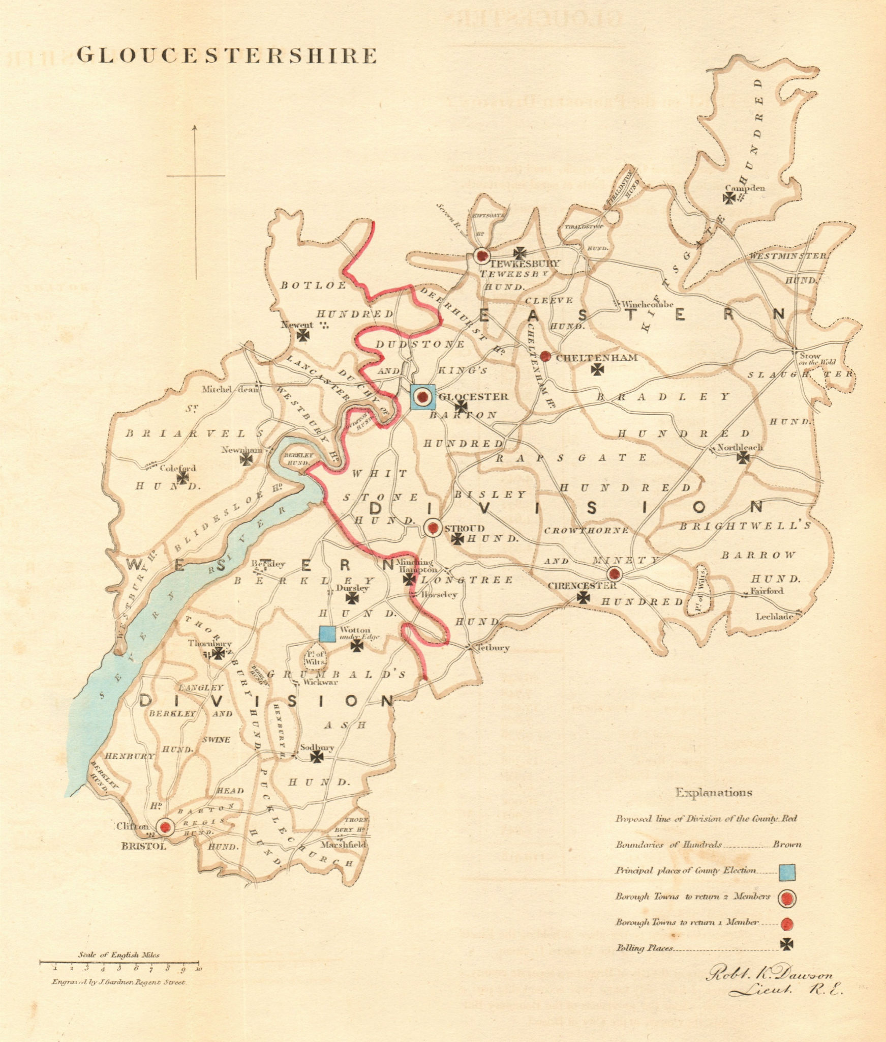Gloucestershire county map. Divisions boroughs electoral REFORM ACT. DAWSON 1832