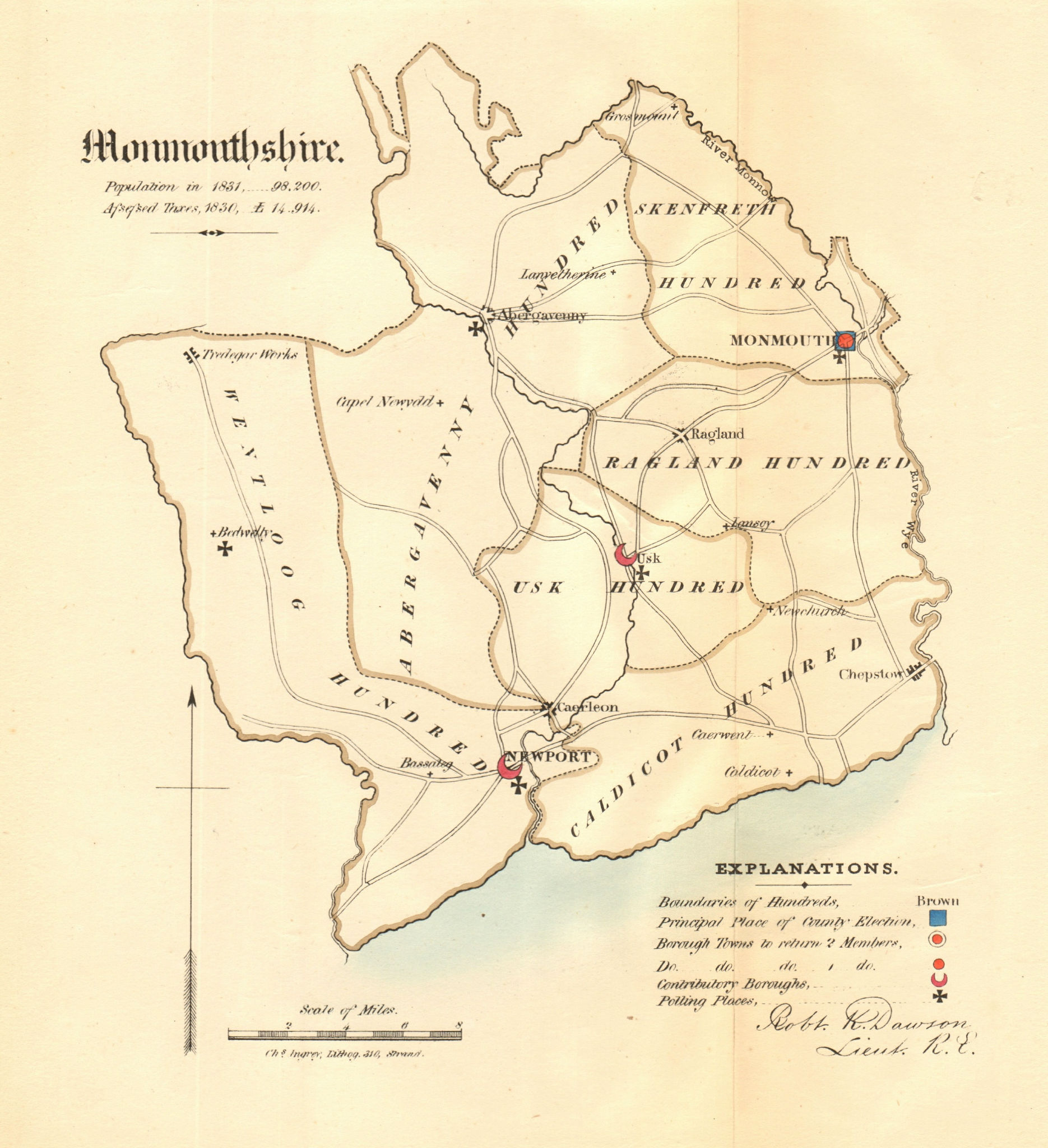 Monmouthshire county map. Principal/contributory boroughs REFORM ACT.DAWSON 1832