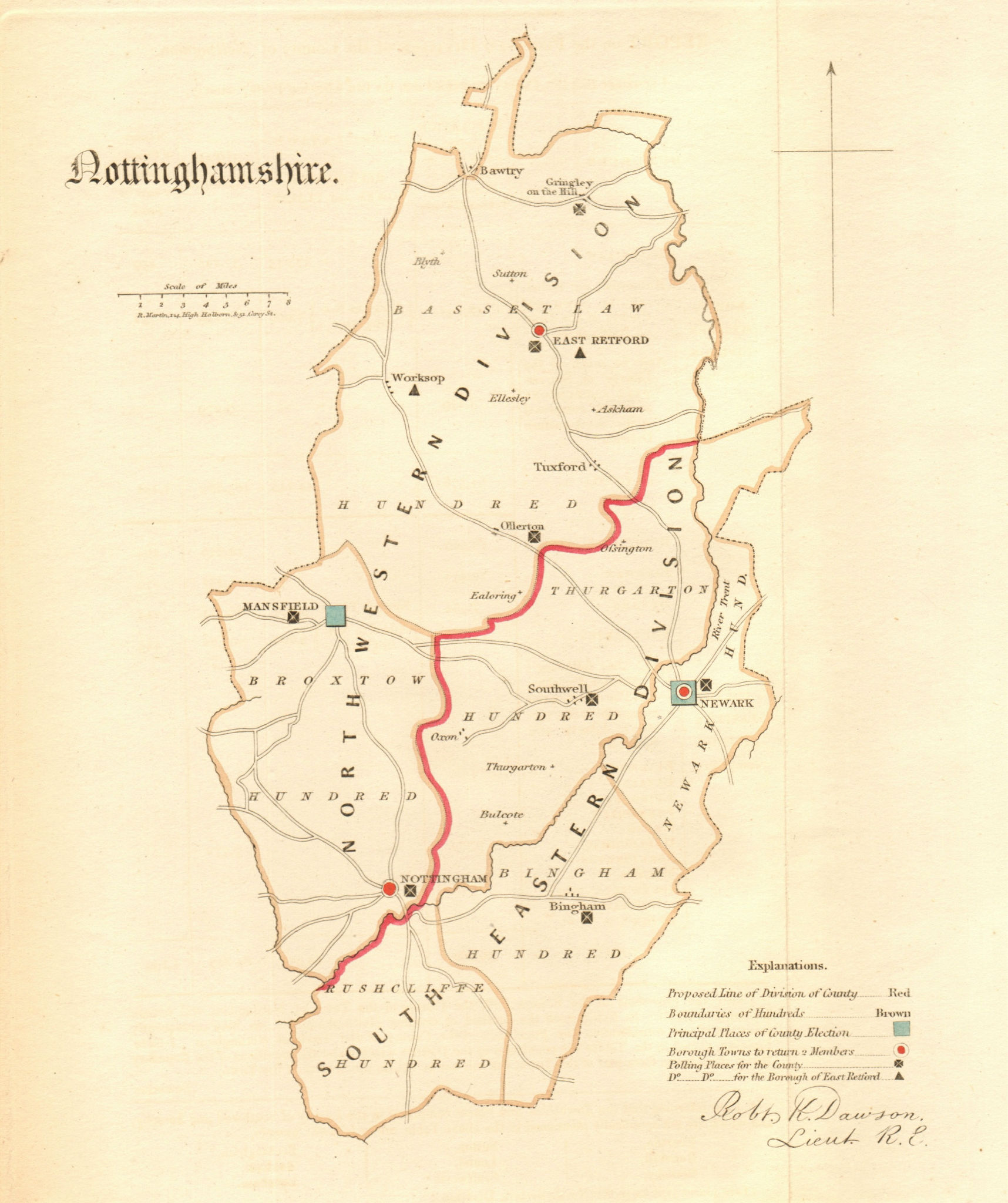 Nottinghamshire county map. Divisions boroughs electoral REFORM ACT. DAWSON 1832