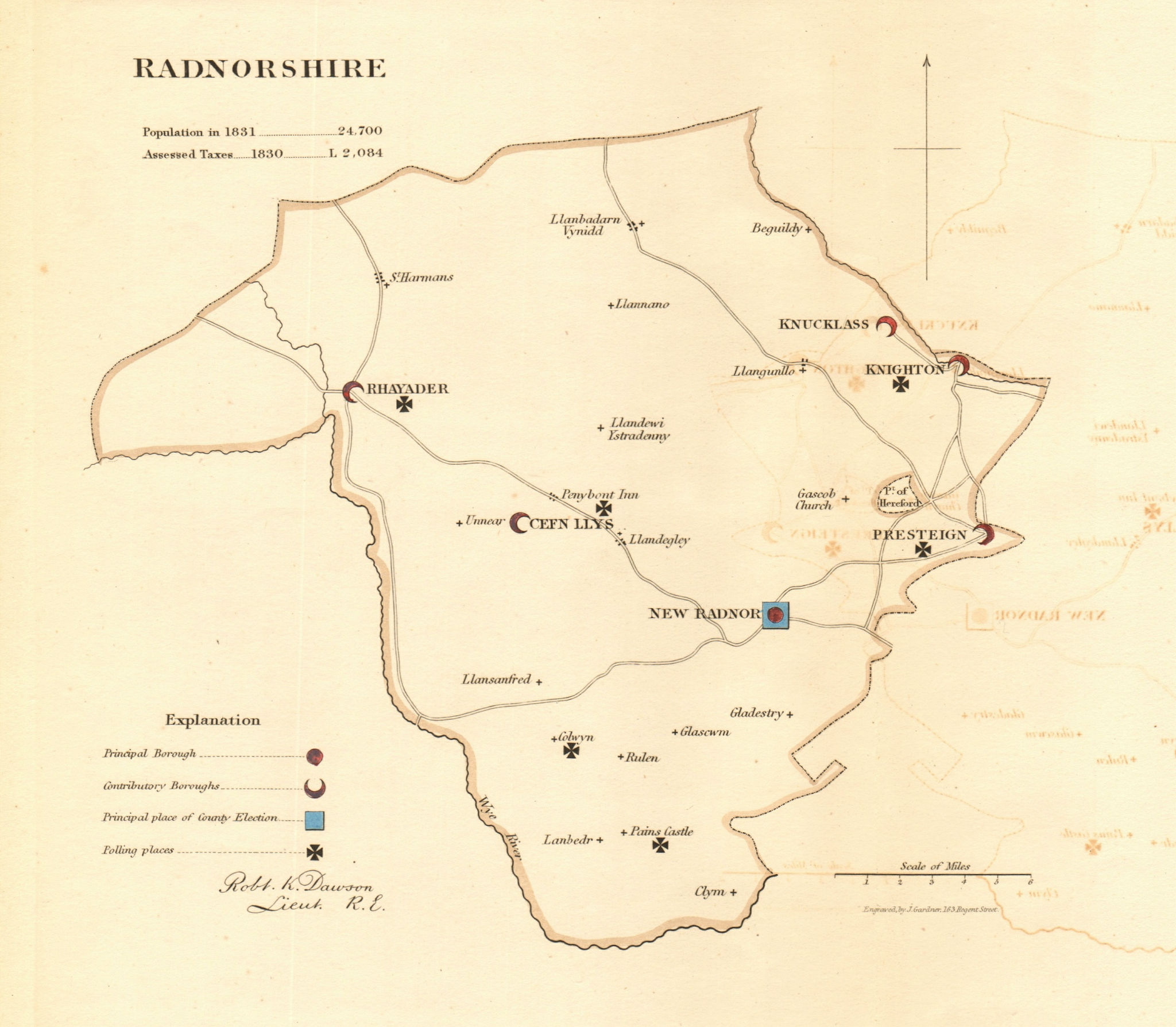 Radnorshire county map. Principal/contributory boroughs. REFORM ACT. DAWSON 1832
