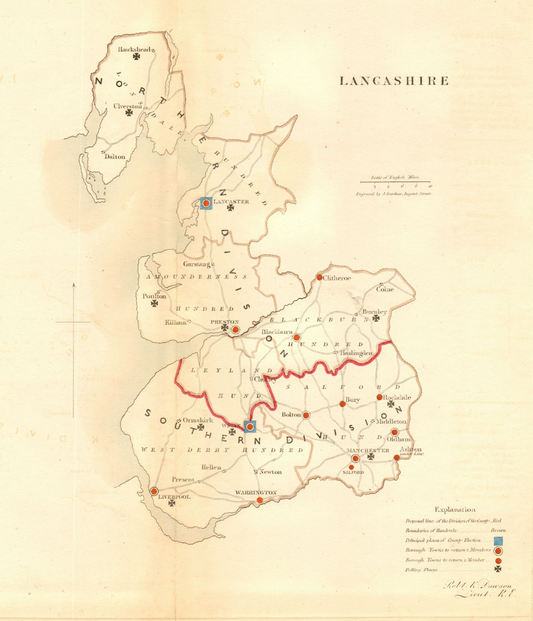 Lancashire county map. Divisions boroughs electoral. REFORM ACT. DAWSON 1832