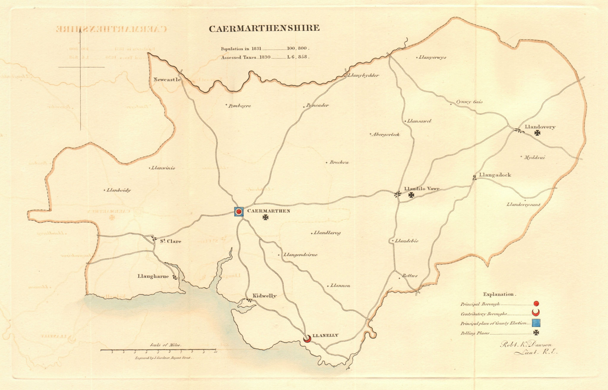 Caermarthenshire county map. Contributory boroughs electoral. REFORM ACT 1832